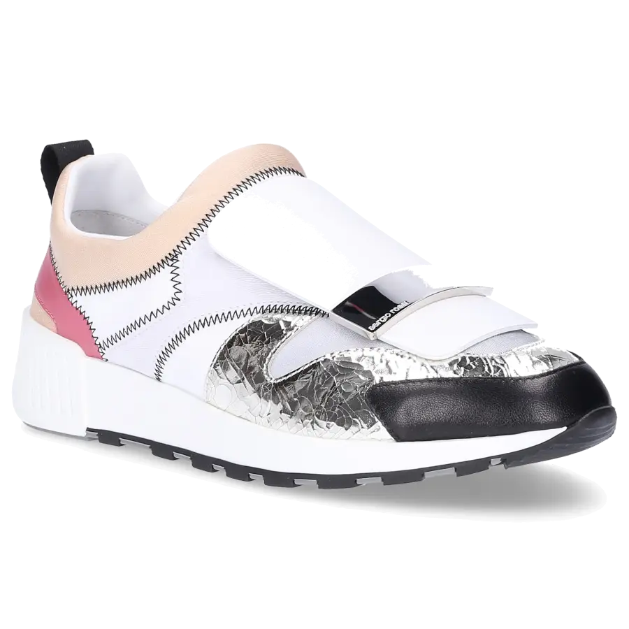 Sergio Rossi - Slip Ons SR1 RUNNING Kalbsleder Crinkled Logo altrosa beige silber weiß - weiß