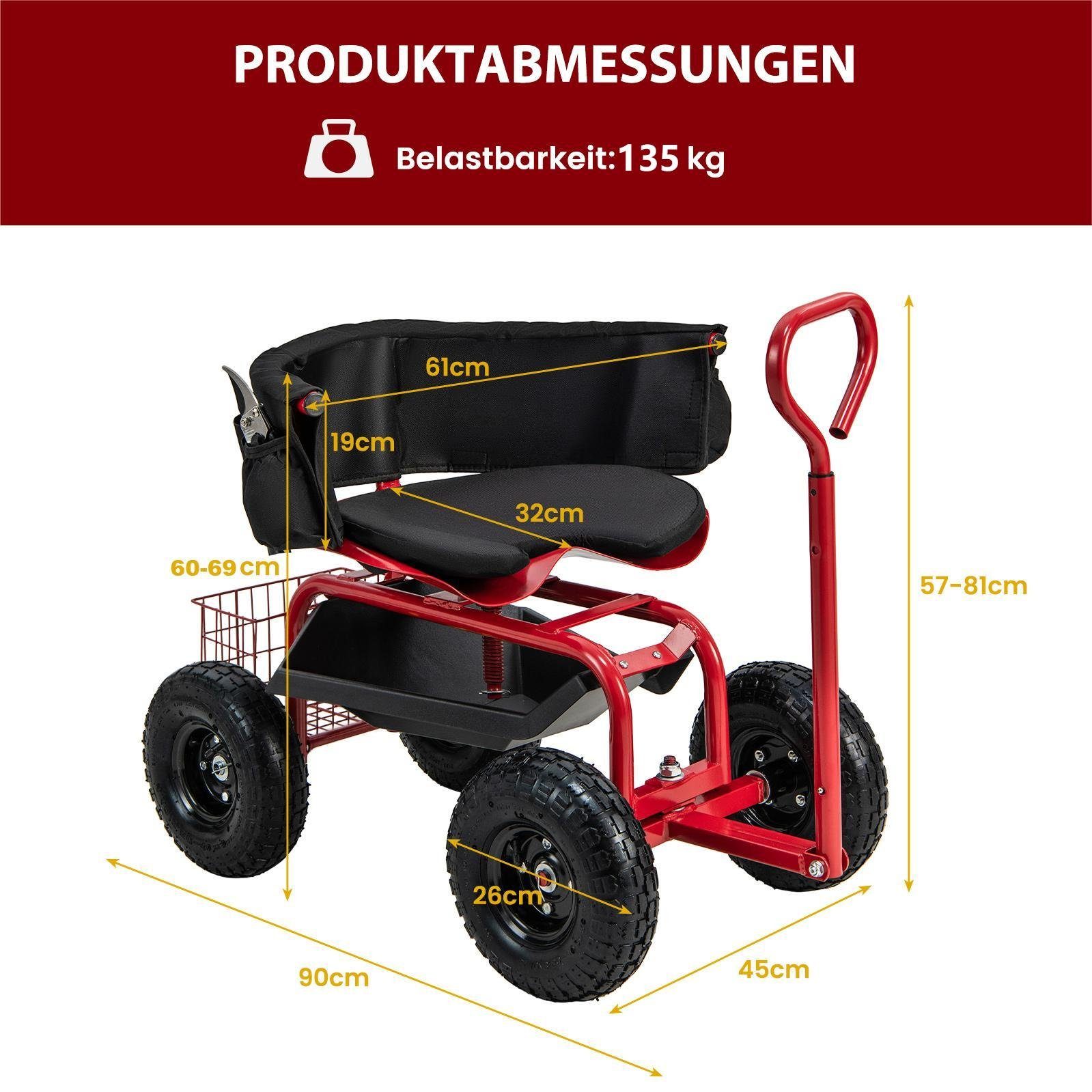 COSTWAY Rollsitz, mit Ablage, Korb, Werkzeugtasche & Sitzkissen, bis 135kg