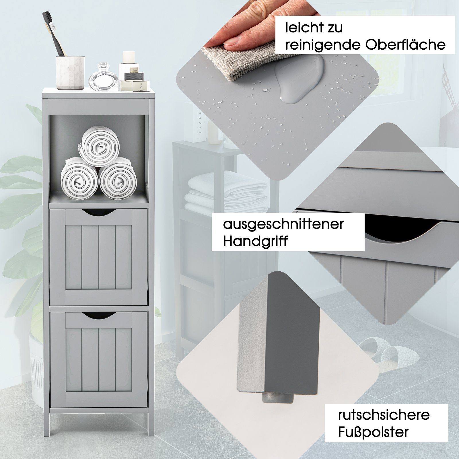 COSTWAY Badkommode, Badezimmerschrank, mit 2 Schubladen & Regal, 30x30x90cm