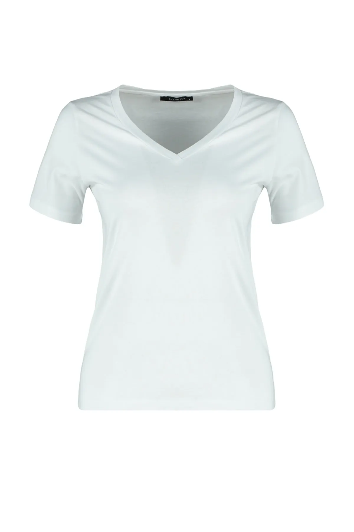 Trendyol Collection  Weißes Basic-Strick-T-Shirt mit V-Ausschnitt aus 100 % Baumwolle TWOSS23TS00001