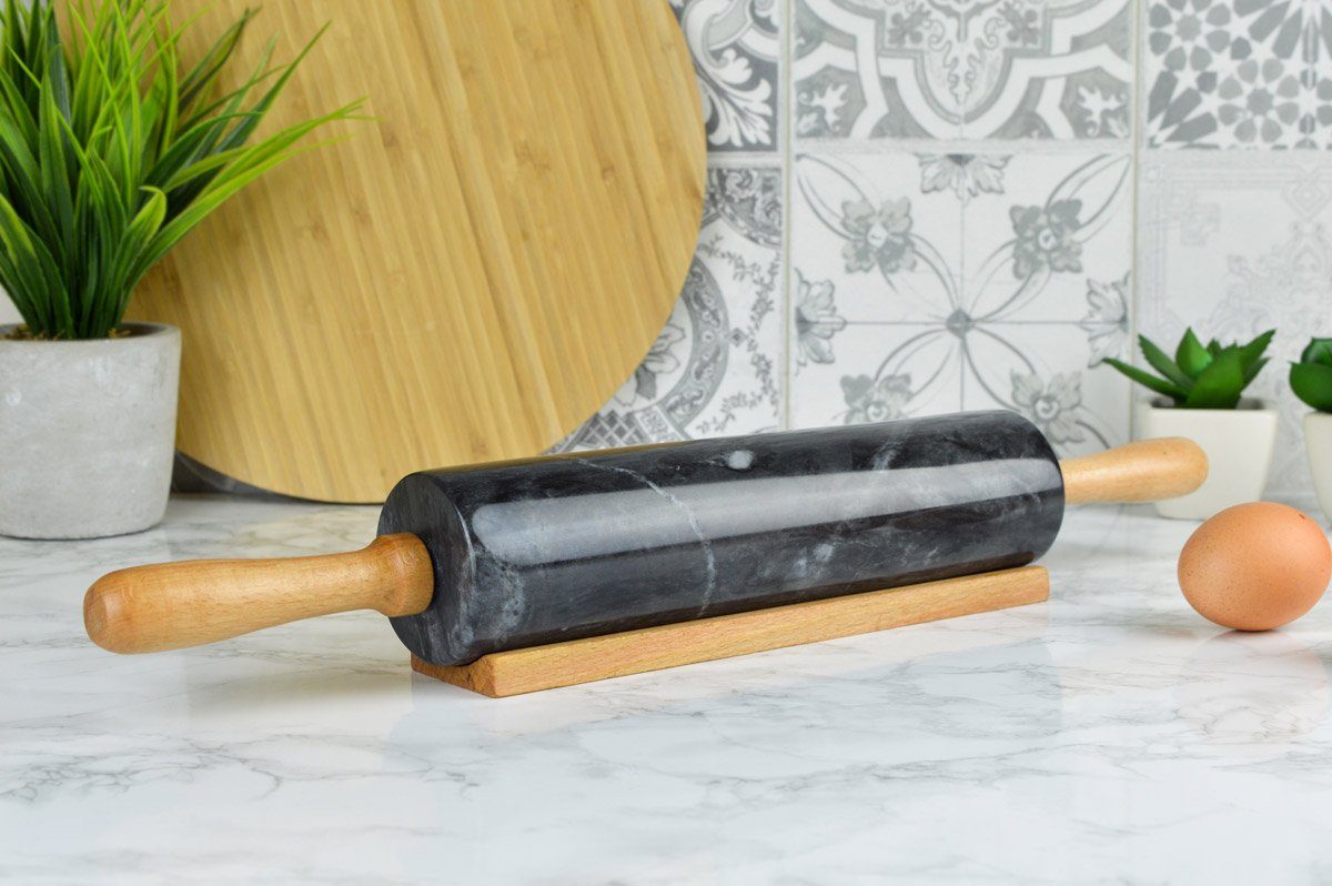 Sendez Teigroller Teigroller aus Marmor mit Ständer 46x6cm Teigrolle Ausroller Nudelrolle 2kg