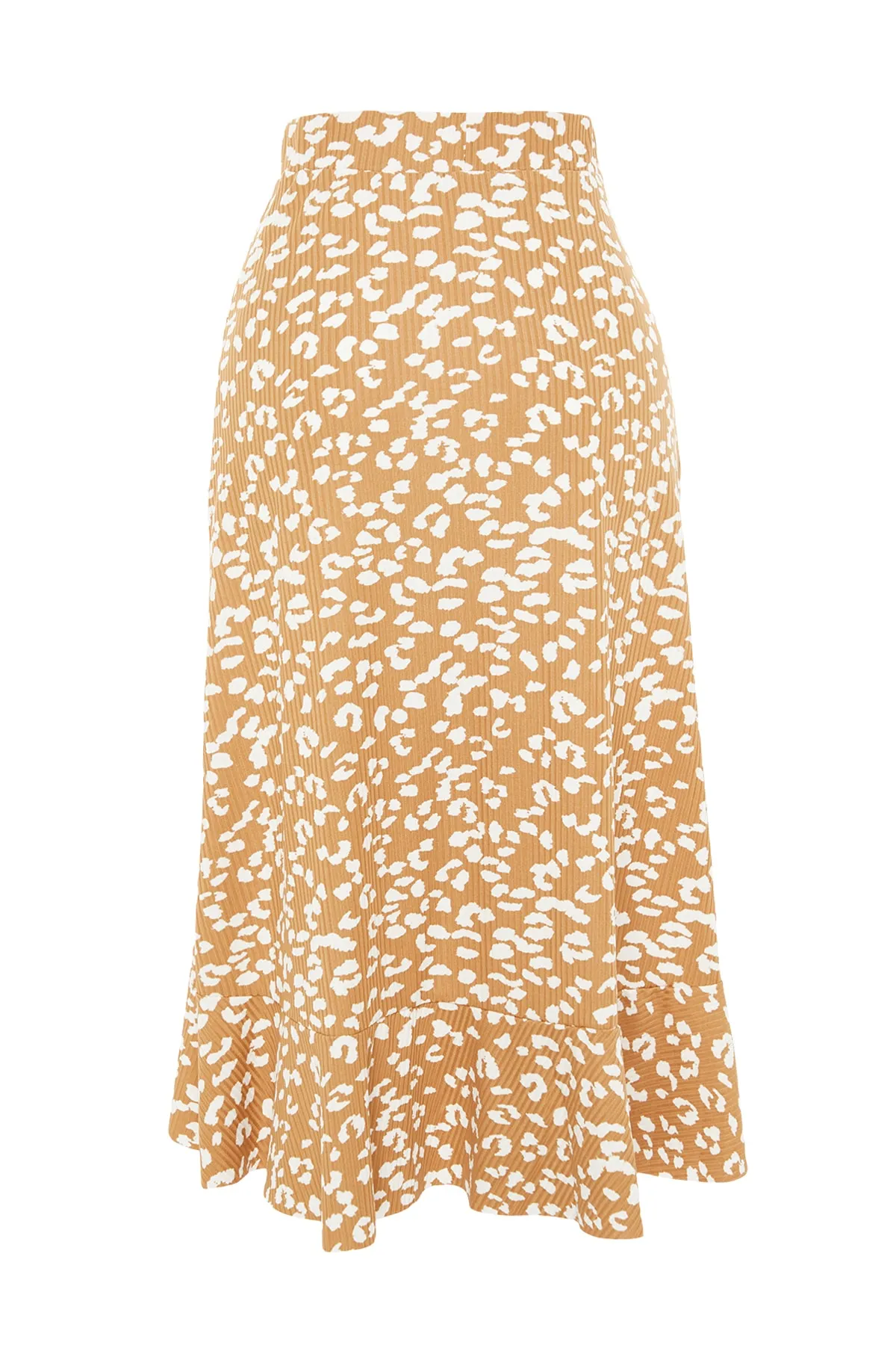 Trendyol Collection  Beiger Midirock aus Stretch-Strick mit Animalprint, hoher Taille, Raffung und Volant TWOSS21ET0029