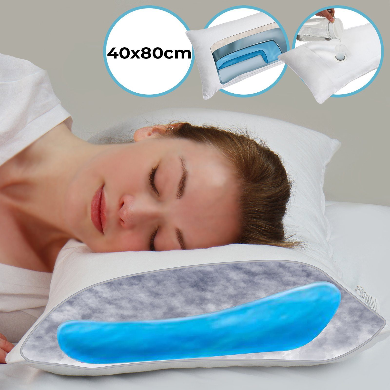Jago Wasserkissen Wasserkissen - 40x80 cm, mit anpassbarer Füllmenge, bis 38 °C, Bezug 100% Baumwolle, waschbar, inkl. Fülltrichter, Weiß - Nackenkissen, Kopfkissen, Nackenstützkissen