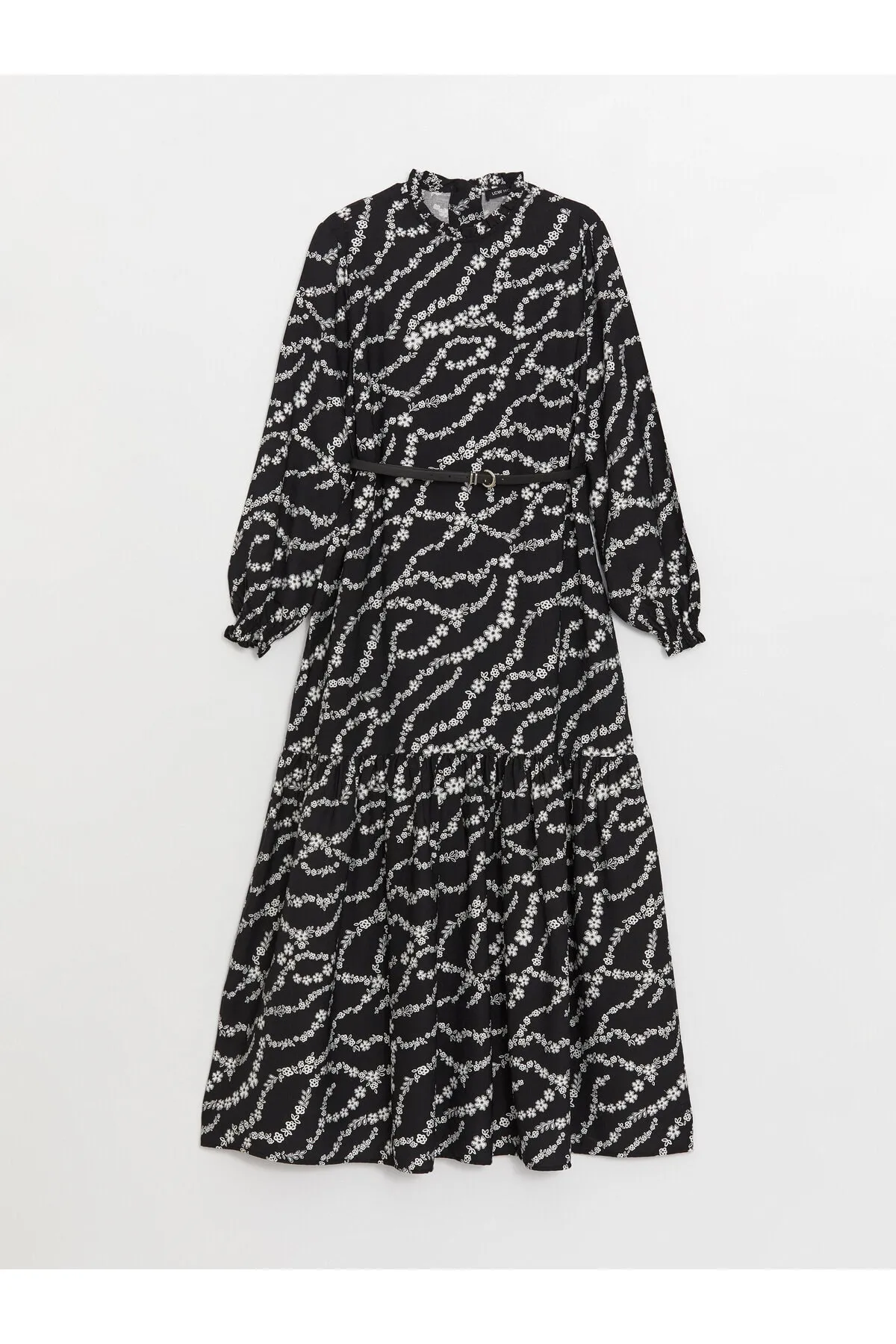 LC Waikiki  Gerüschtes, langärmeliges Damenkleid mit hohem Kragen und Blumenmuster