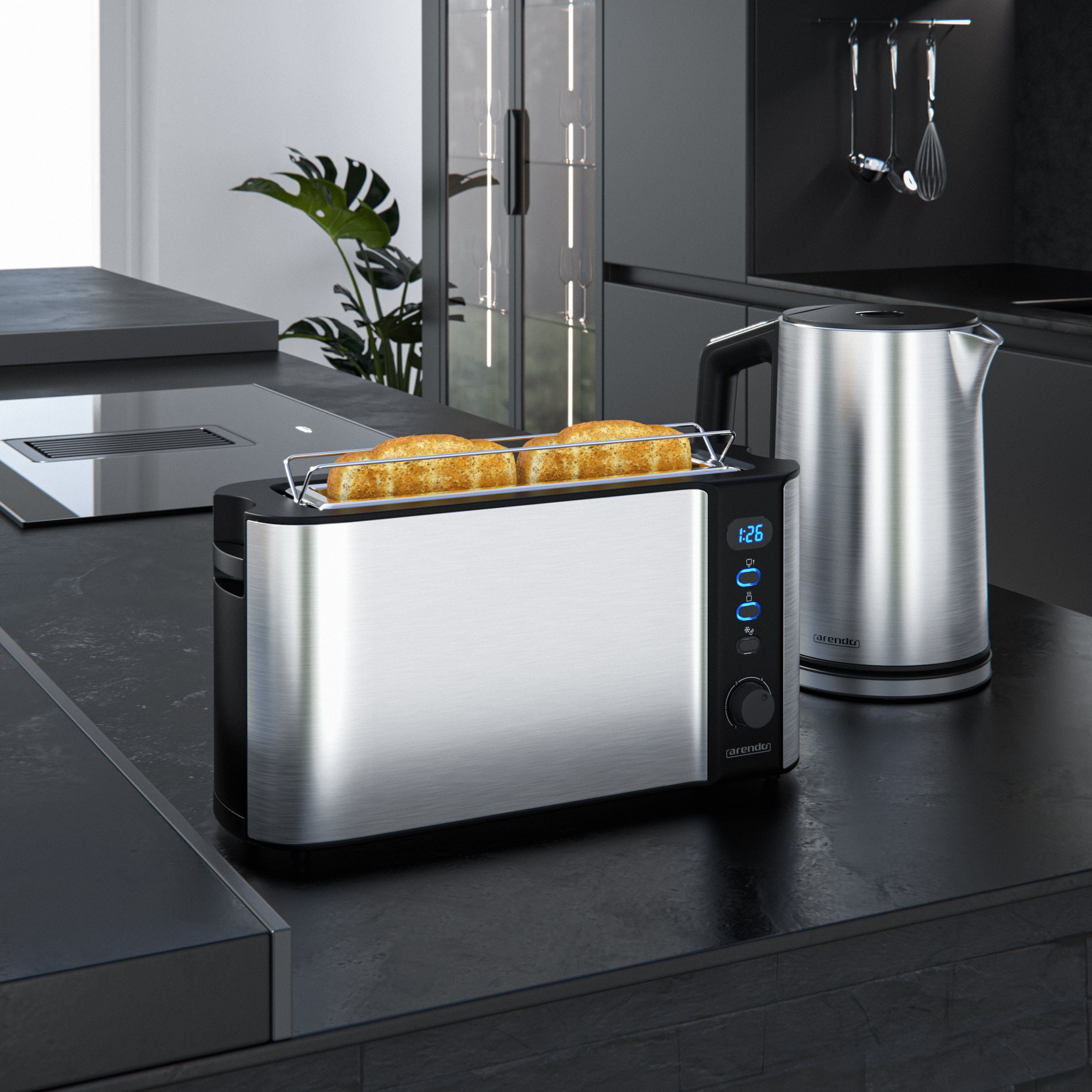 Arendo Frühstücks-Set (2-tlg), Wasserkocher 1,5l & 2-Scheiben Langschlitz Toaster, Edelstahl, Silber
