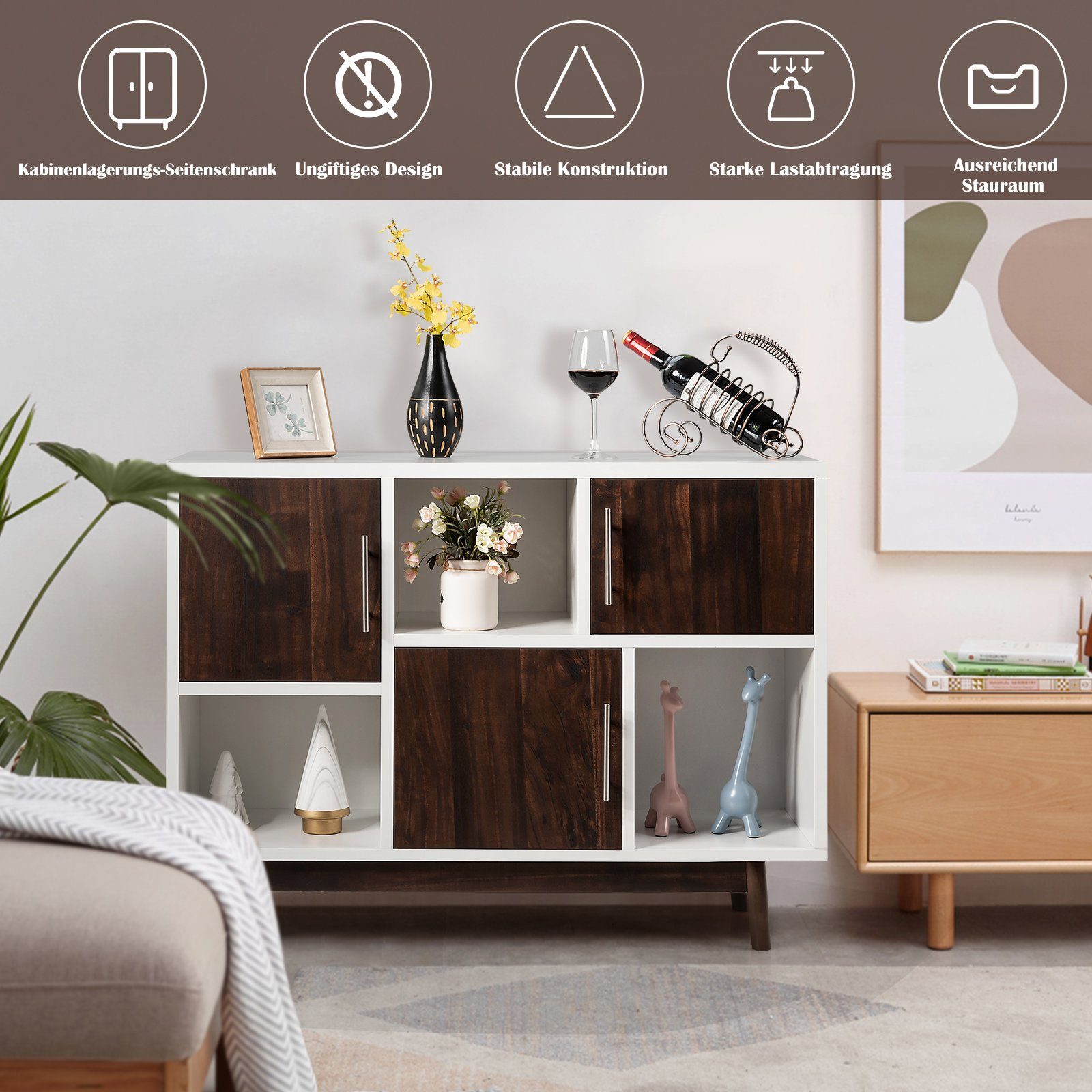 COSTWAY Sideboard, Bücherregal mit Türen & 6 Fächern, 102x33x76cm