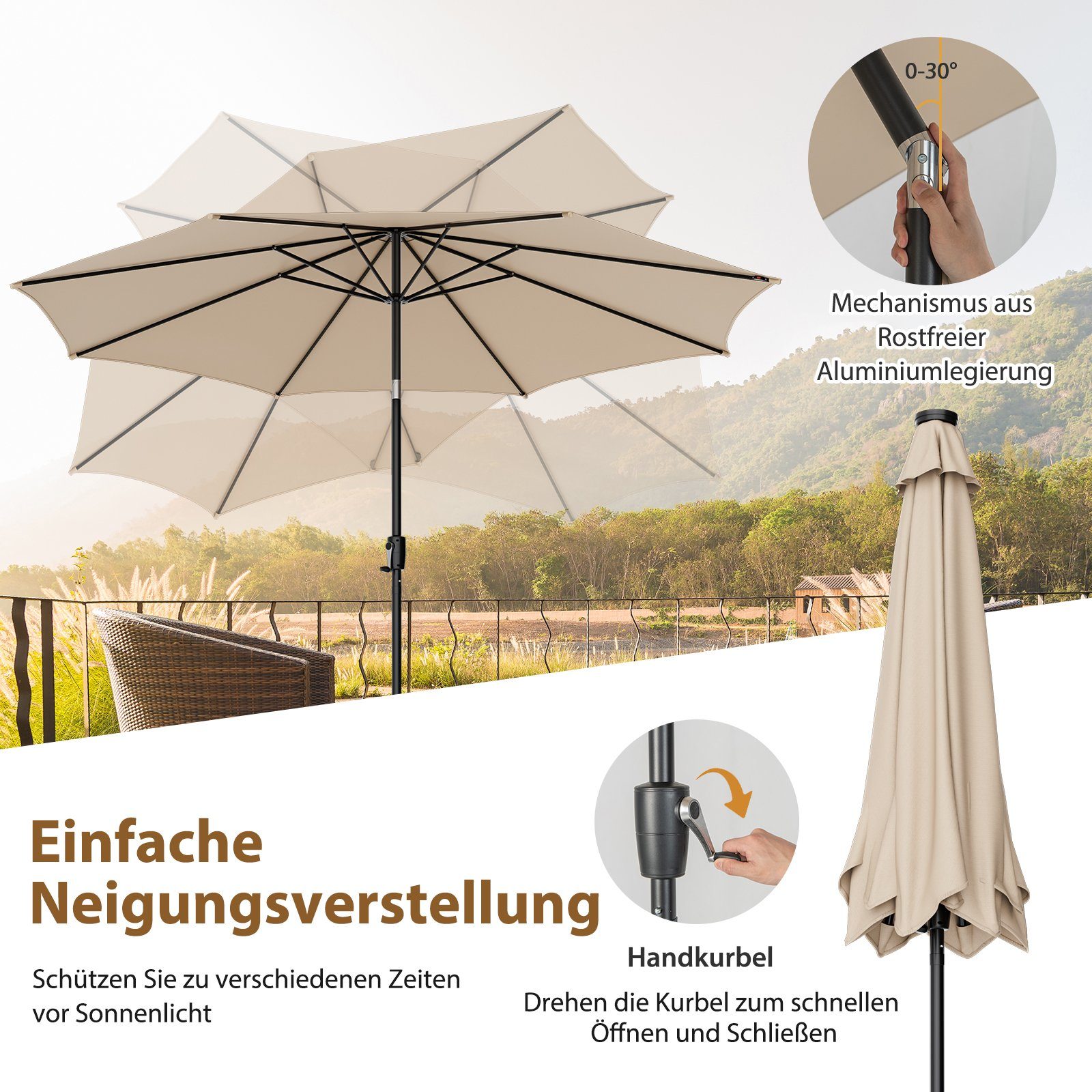 COSTWAY Sonnenschirm, Ø3m, mit 112 LED & Kurbel