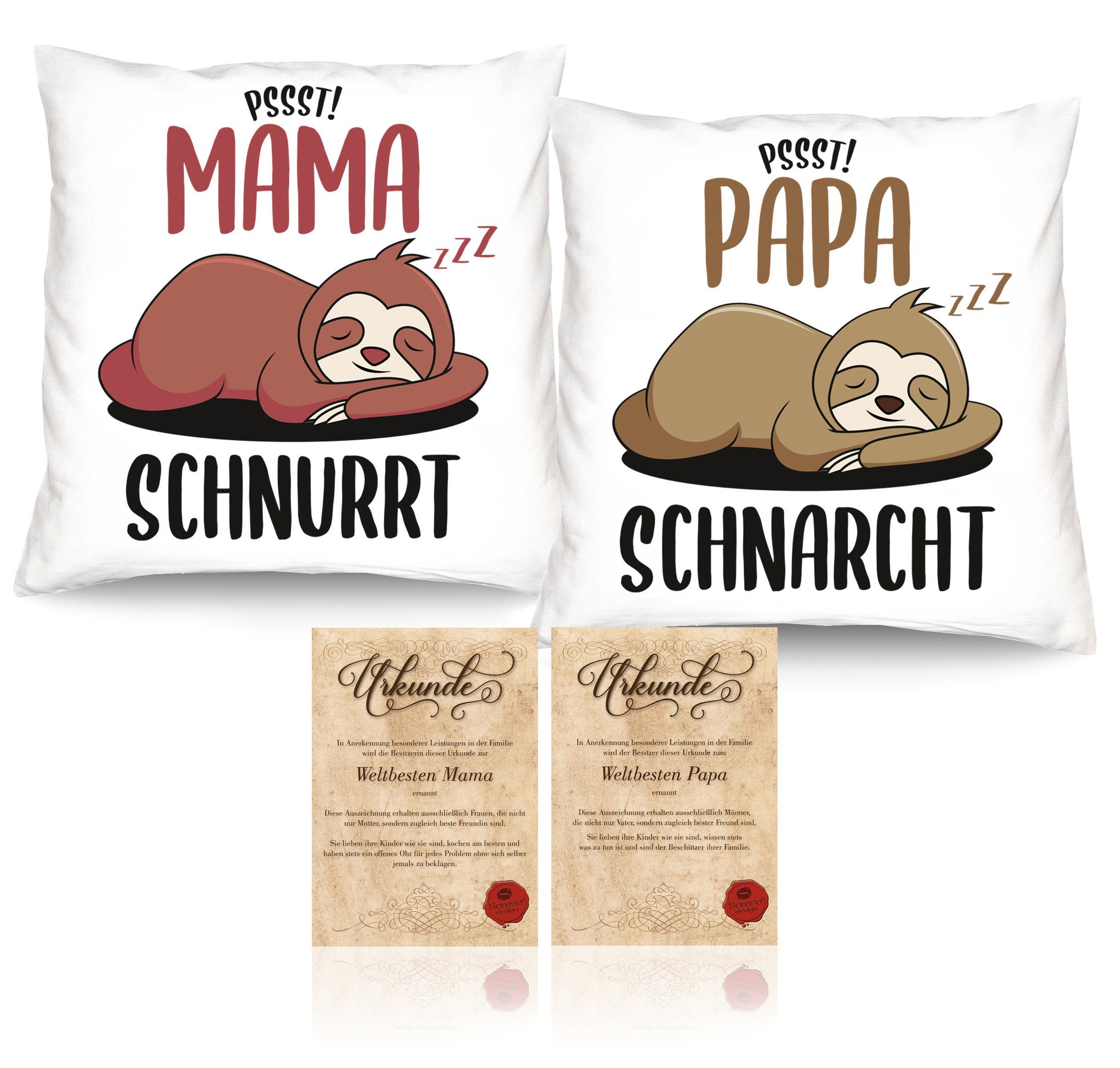 Soreso® Dekokissen Geschenk Set Mama Papa Weihnachten 2 Kissen Eltern Weihnachtsgeschenk, Geschenk-Set