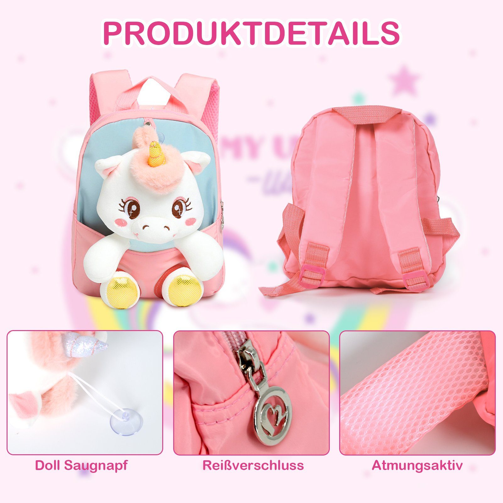 TAN.TOMI Kinderrucksack Plüsch-Einhorn-Rucksack, flauschiger Mini-Einhorn-Rucksack für Mädchen, Damen, Reisen, Plüsch, weicher Regenbogen-Schulranzen