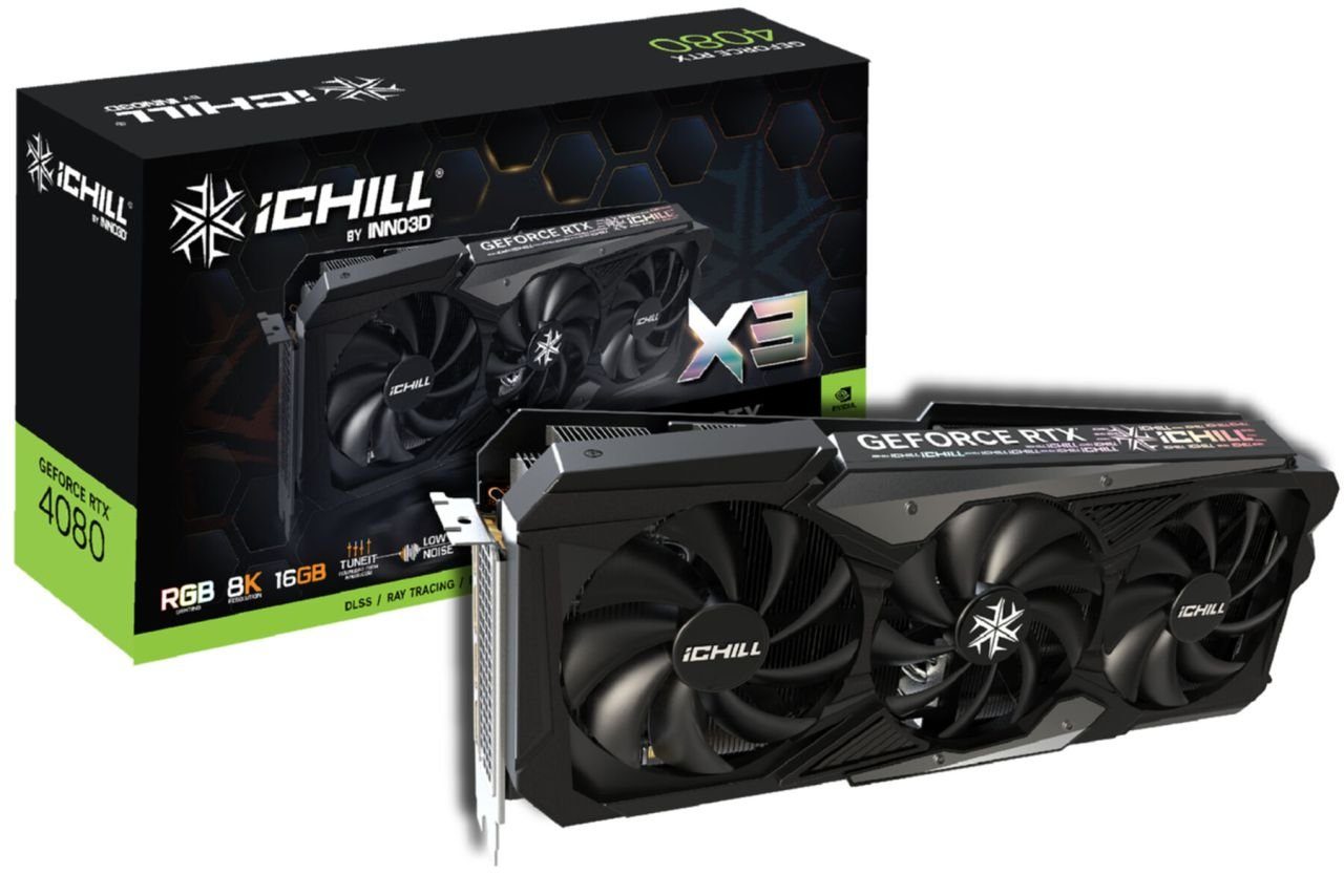 Inno3D GeForce RTX 4080 RTX4080 IChill X3 16GB Grafikkarte (16 GB, GDDR6, GPU: GeForce RTX 4080, Boost-Takt: 2565 MHz, Max. Auflösung: 7680 x 43)