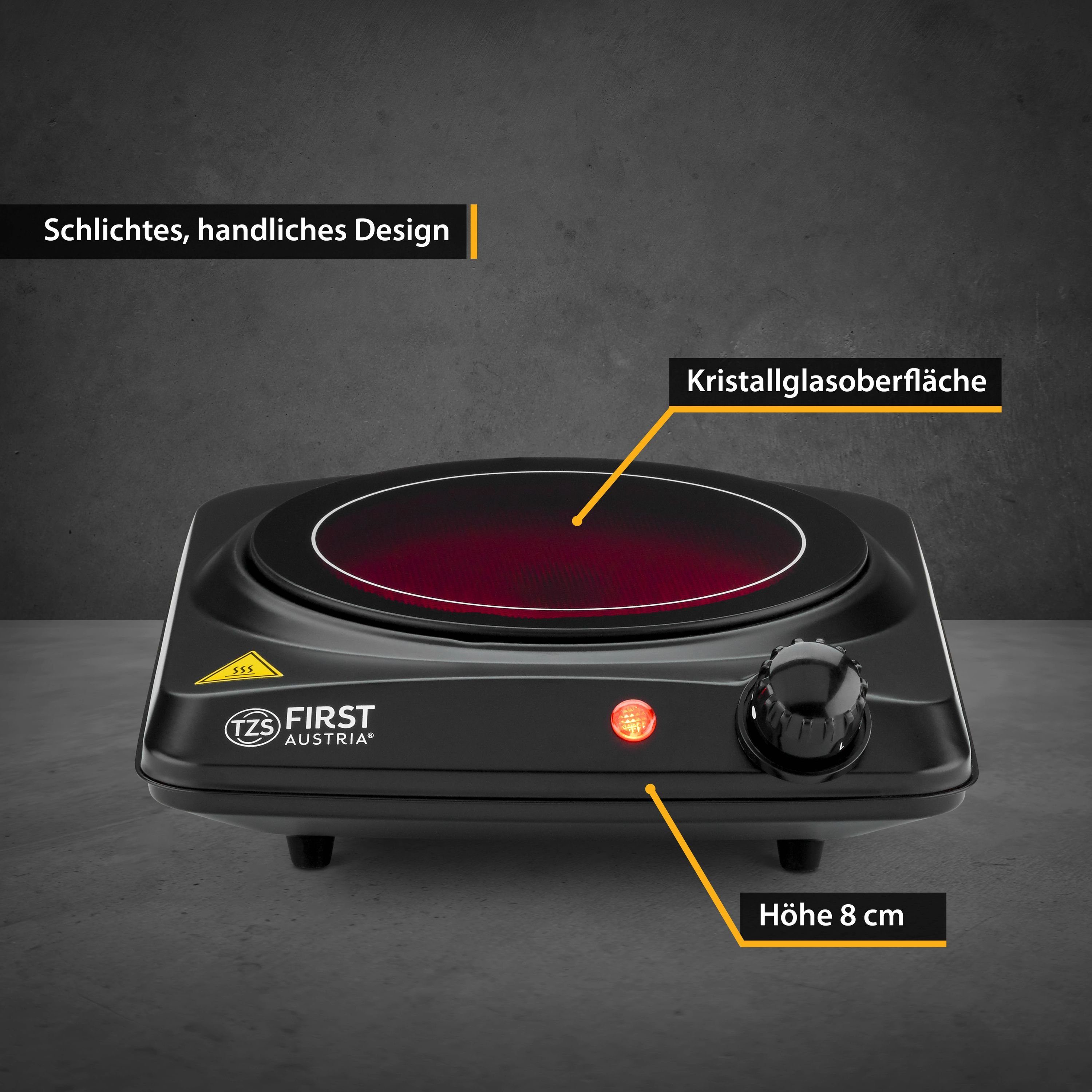 TZS FIRST AUSTRIA Doppelkochplatte Einzelkochplatte 1200W, Glaskeramik, Kochplatte, Herdplatte Camping, 1200W, stufenloser Temperaturregelung, mobile Kochplatte, 17,5 cm