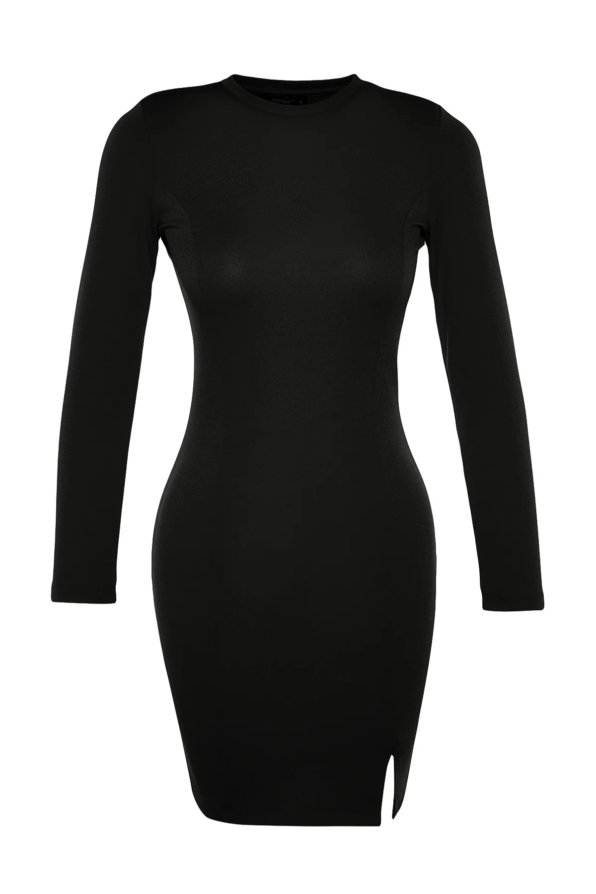 Trendyol Collection  Schwarzes, elegantes, strukturiertes, figurbetontes Mini-Strickkleid aus Krepp mit Rundhalsausschnitt TWOAW24EL00176