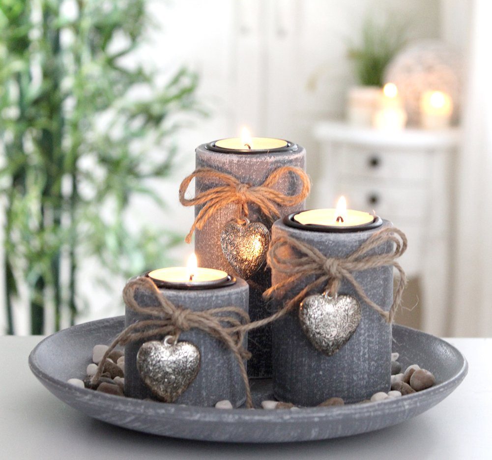 LB H&F Lilienburg Teelichthalter Teelichthalter Kerzenhalter Kerzenständer Windlicht SET Geschenkset (Advent Weihnachten Weihnachtsdeko GRAU RUND, Design Tischdeko Tischdekoration silber Herz Winter Herbst), Dekoteller Dekotablett Kerzentablett Landh