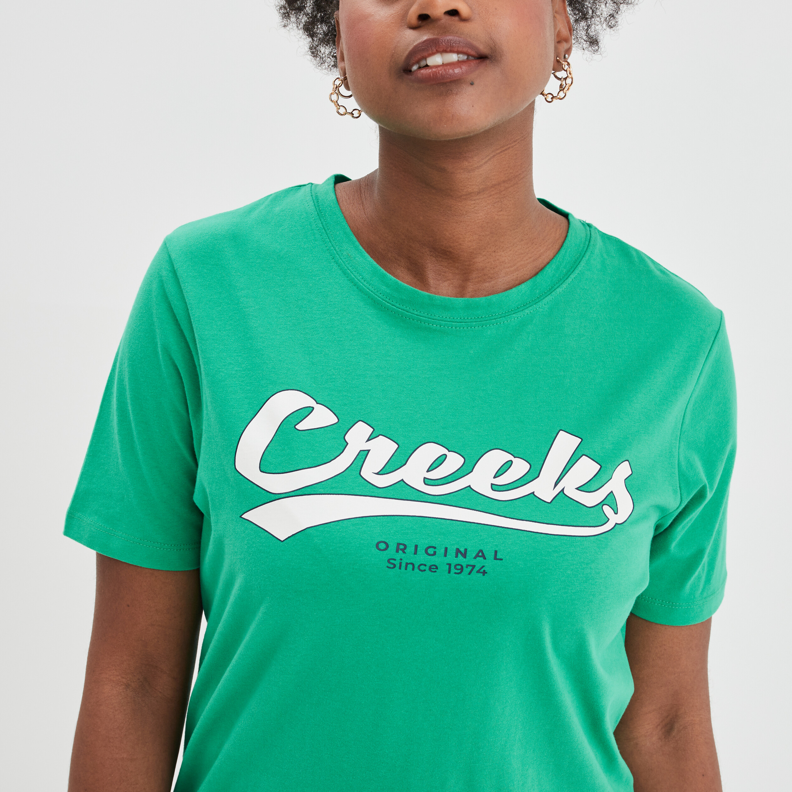 T-shirt oversize col rond coton Creeks vert femme | La Halle