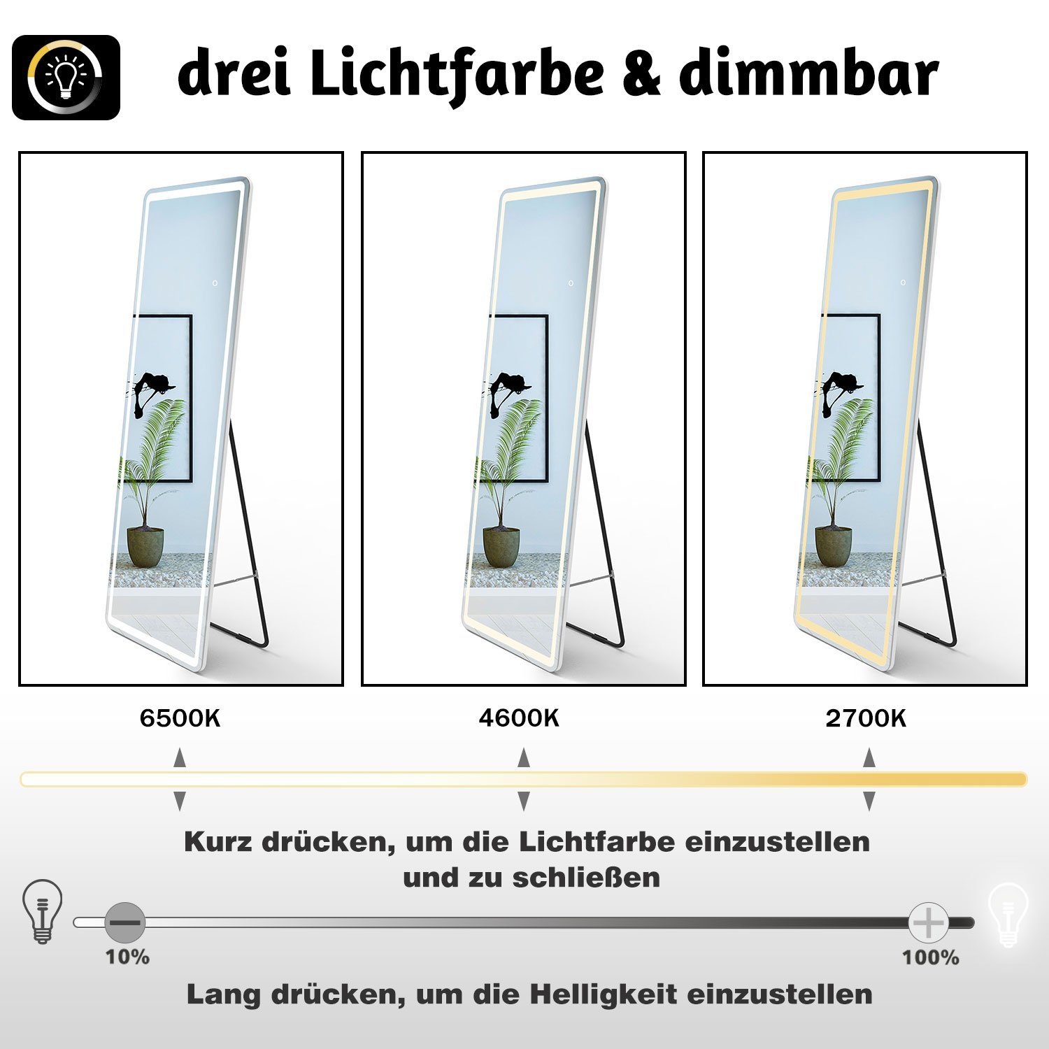 duschspa Ganzkörperspiegel Wandspiegel mit LED Beleuchtung Standspiegel Hängespiegel 150/160cm, Warm/Neutral/Kaltweß, dimmbar, Memory, mit Stecker