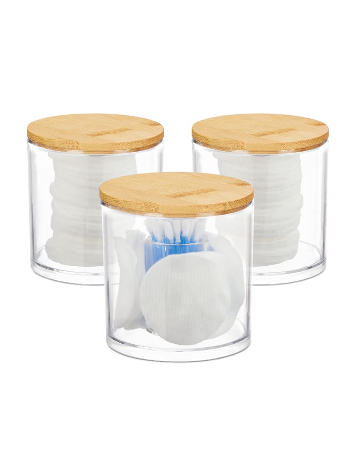 relaxdays 3er-Set: Wattestäbchen Aufbewahrung in Transparent/Natur günstig kaufen onesize