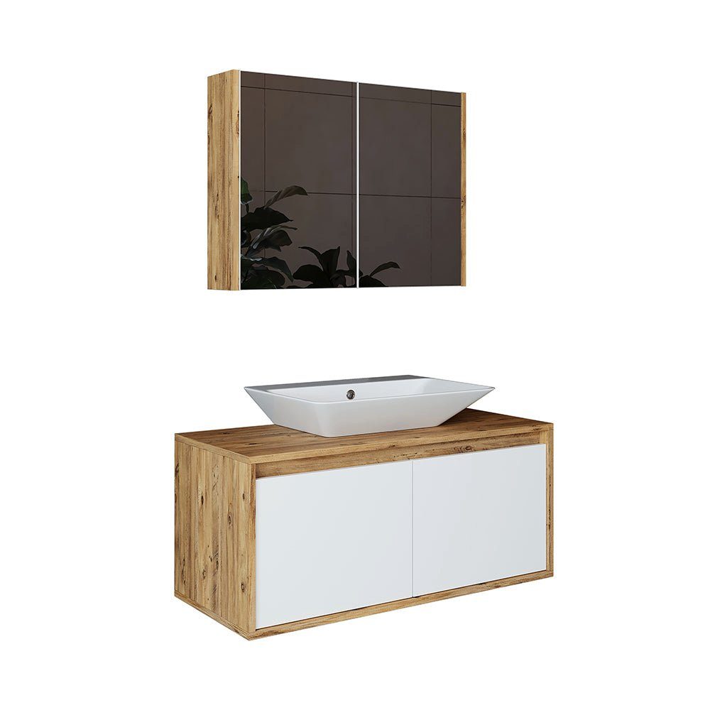 Roomart Badmöbel-Set, (Badmöbel Set 3-teilig 100cm Unterschrank mit Waschbecken Spiegelscrank)
