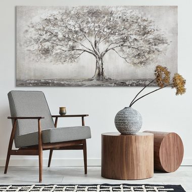 YS-Art Gemälde Lebensbaum, Landschaft, Leinwand Bild Handgemalt Grau Lebensbaum Natur Familie