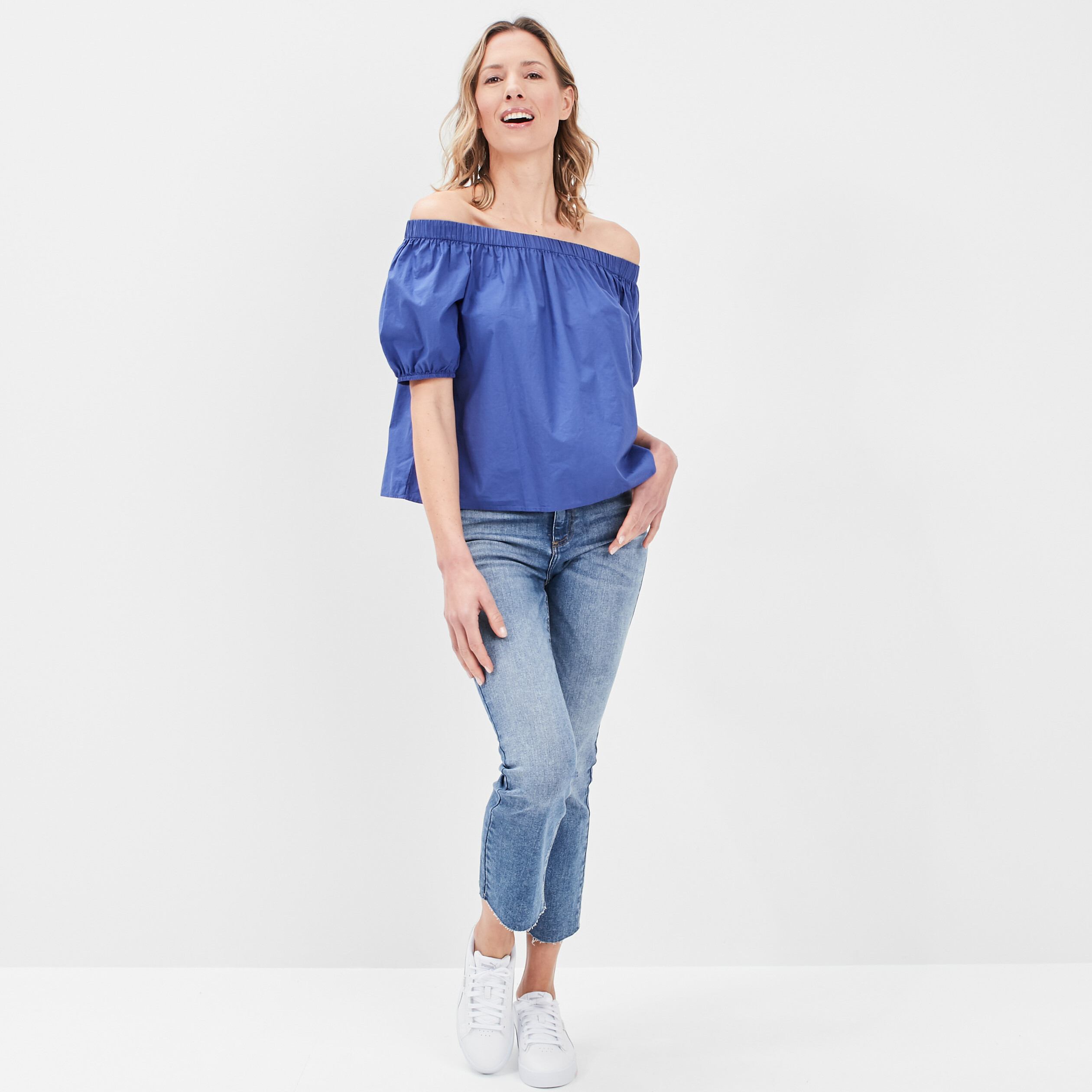 Blouse col bardot manches 3 4 bleu electrique femme | La Halle