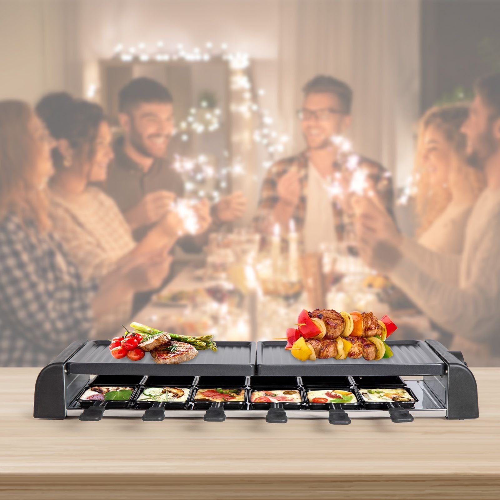 bmf-versand Raclette Raclette 12 Personen Grill Set Tischgrill Elektrogrill Pfännchen, 12 Raclettepfännchen, 1800,00 W, Einfache Reinigung, Einstellbarer Thermostat, Umfangreiches Zubehör