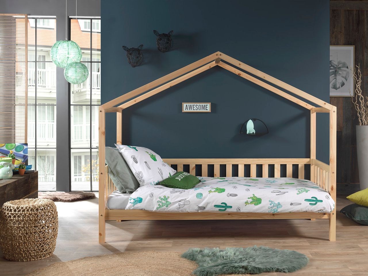 VIPACK Dallas 1 Hausbett mit seitlicher Umrandung 90 x 200 cm Liegefläche, Natur