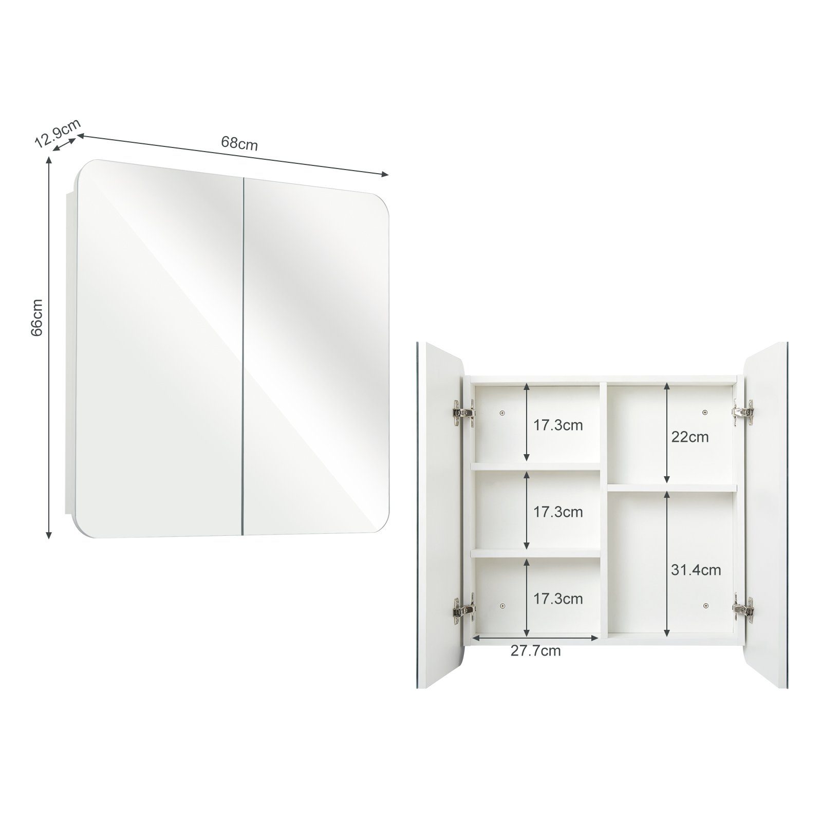 Mondeer Badezimmerspiegelschrank Badezimmerspiegel Hängeschrank, Wandschrank, mit 2 Türen 68 x 12.9 x 66 cm, Weiß