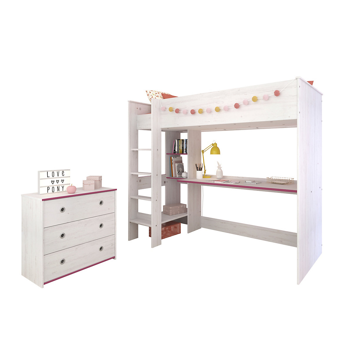 Hochbett extra hoch, mit Kommode, 