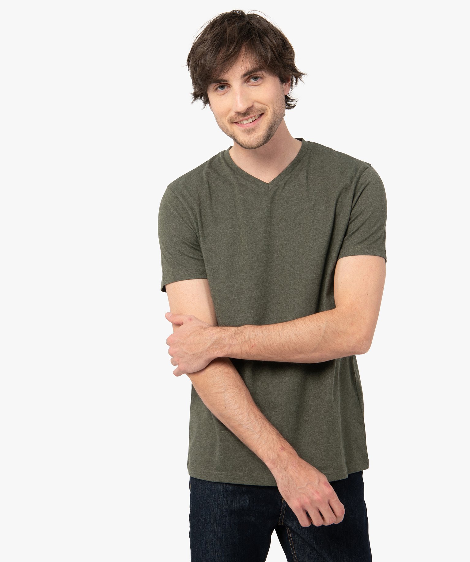 Tee-shirt homme à manches courtes et col V kaki | GEMO