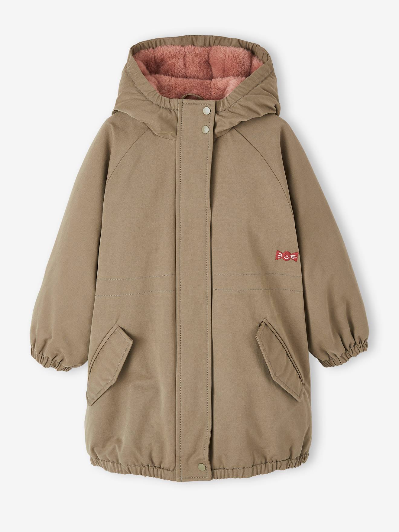 Parka à capuche fille doublée imitation fourrure vieux rose
