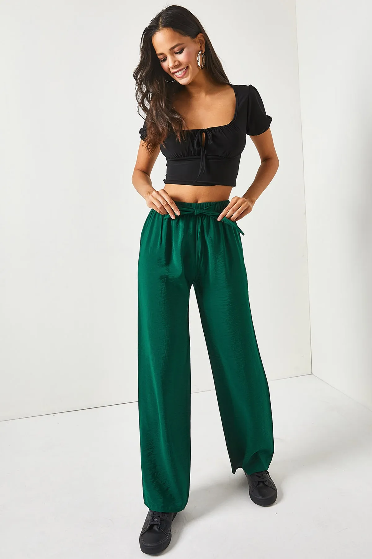 Olalook  Smaragdgrüne Palazzo-Ayrobin-Hose mit Gürtel und elastischem Bund für Damen PNT-19000200
