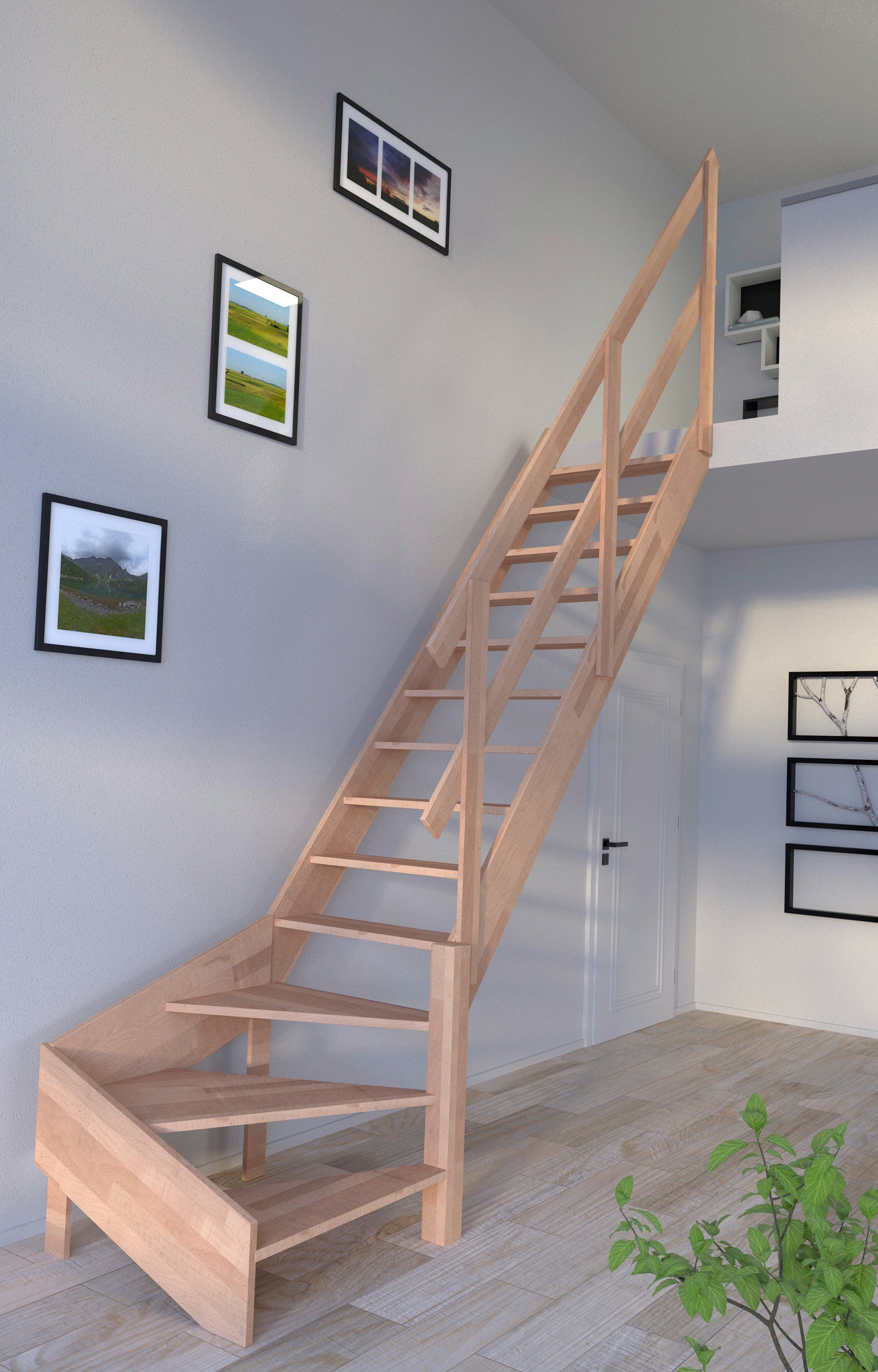 Starwood Raumspartreppe Massivholz Rhodos, mit Holzgeländer, für Geschosshöhen bis 300 cm, Stufen offen, gewendelt Rechts, Durchgehende Wangenteile