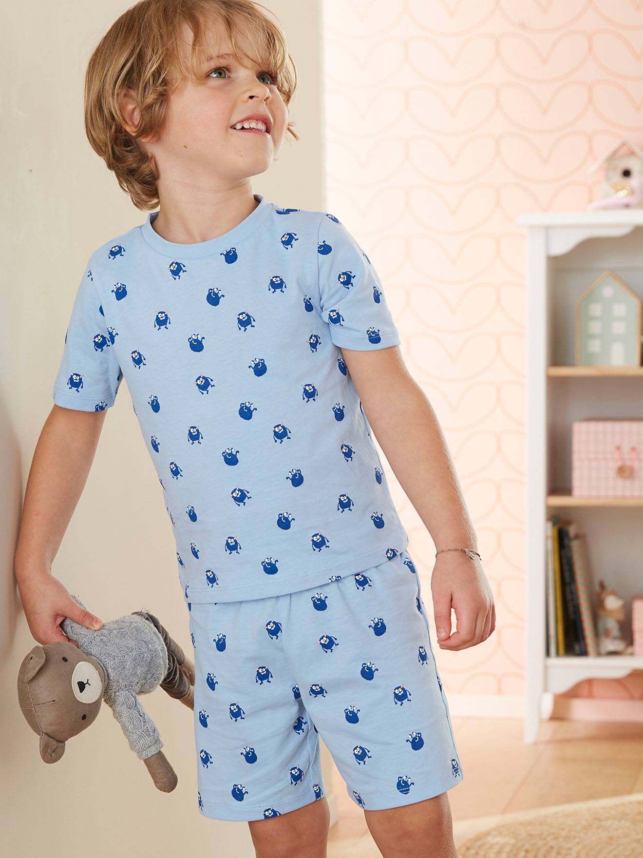 Pyjashort maille nid d'abeille imprimé monstres garçon bleu ciel