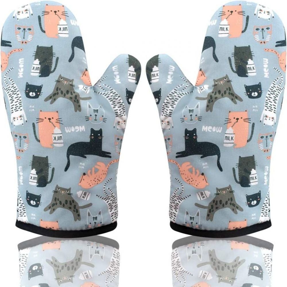 JedBesetzt Topflappen Ofenhandschuh, hitzebeständig, Katzenaufdruck, 2er-Set, (2x Ofenhandschuhe), feuerfest