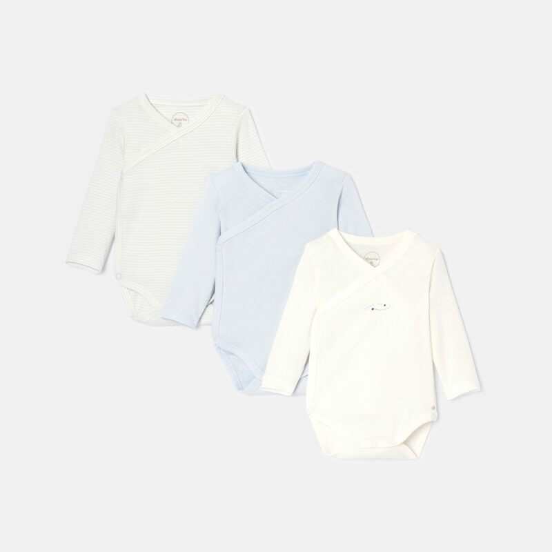 Lot de 3 bodies cœur croisé manches longues en jersey de coton bio bleu naissance Absorba