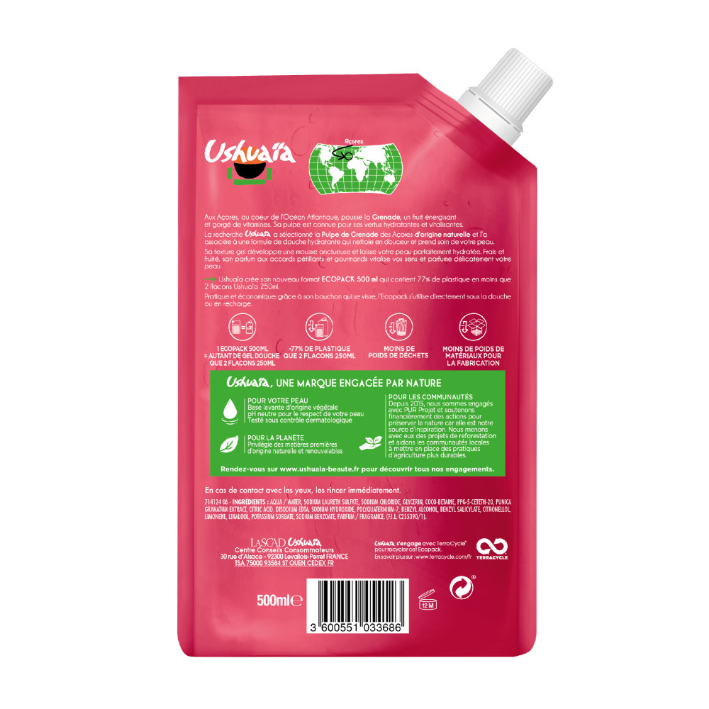 ushuaïa Pulpe de Grenade des Açores Gel Douche Ecopack  Hydratant