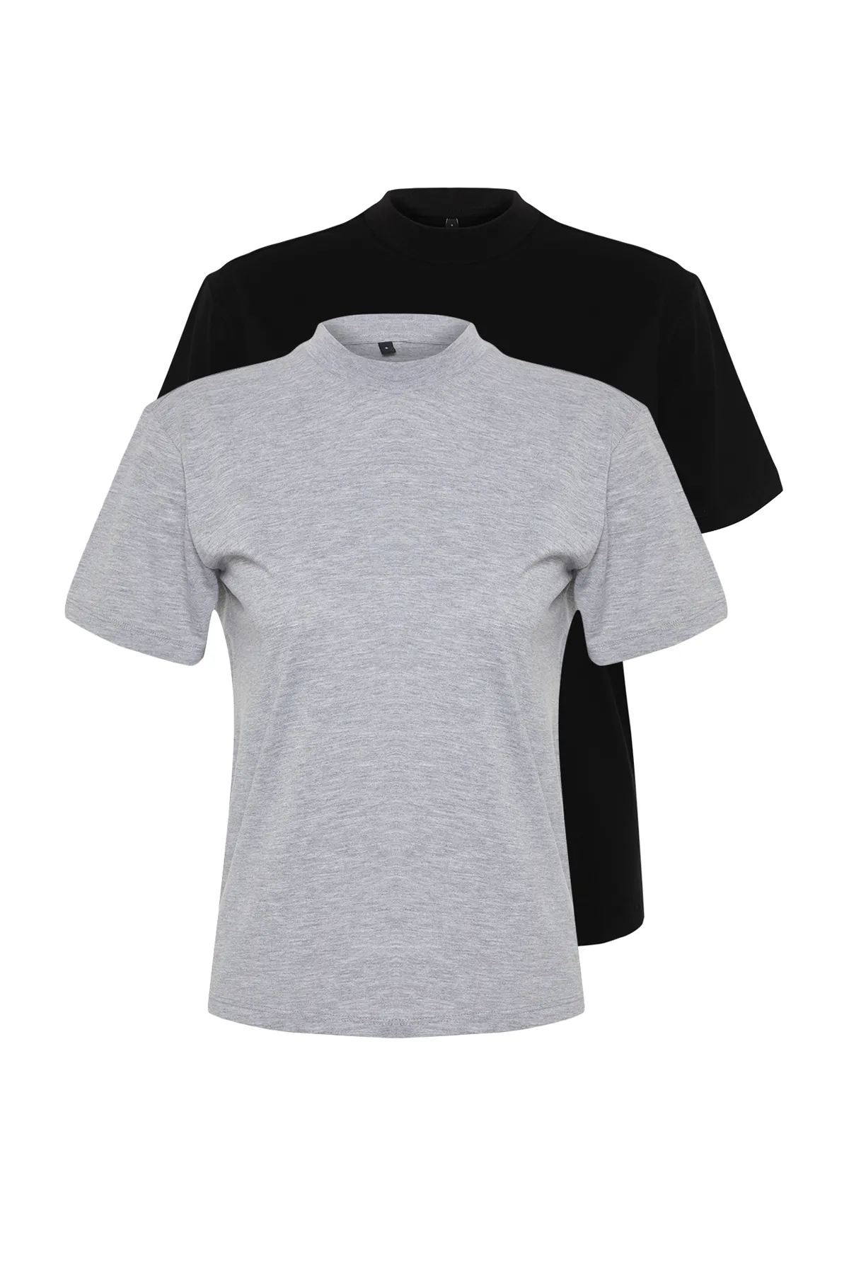 Trendyol Collection  2er-Pack Basic-Strick-T-Shirts mit Stehkragen in Schwarz-Grau-Melange TWOSS20TS1500