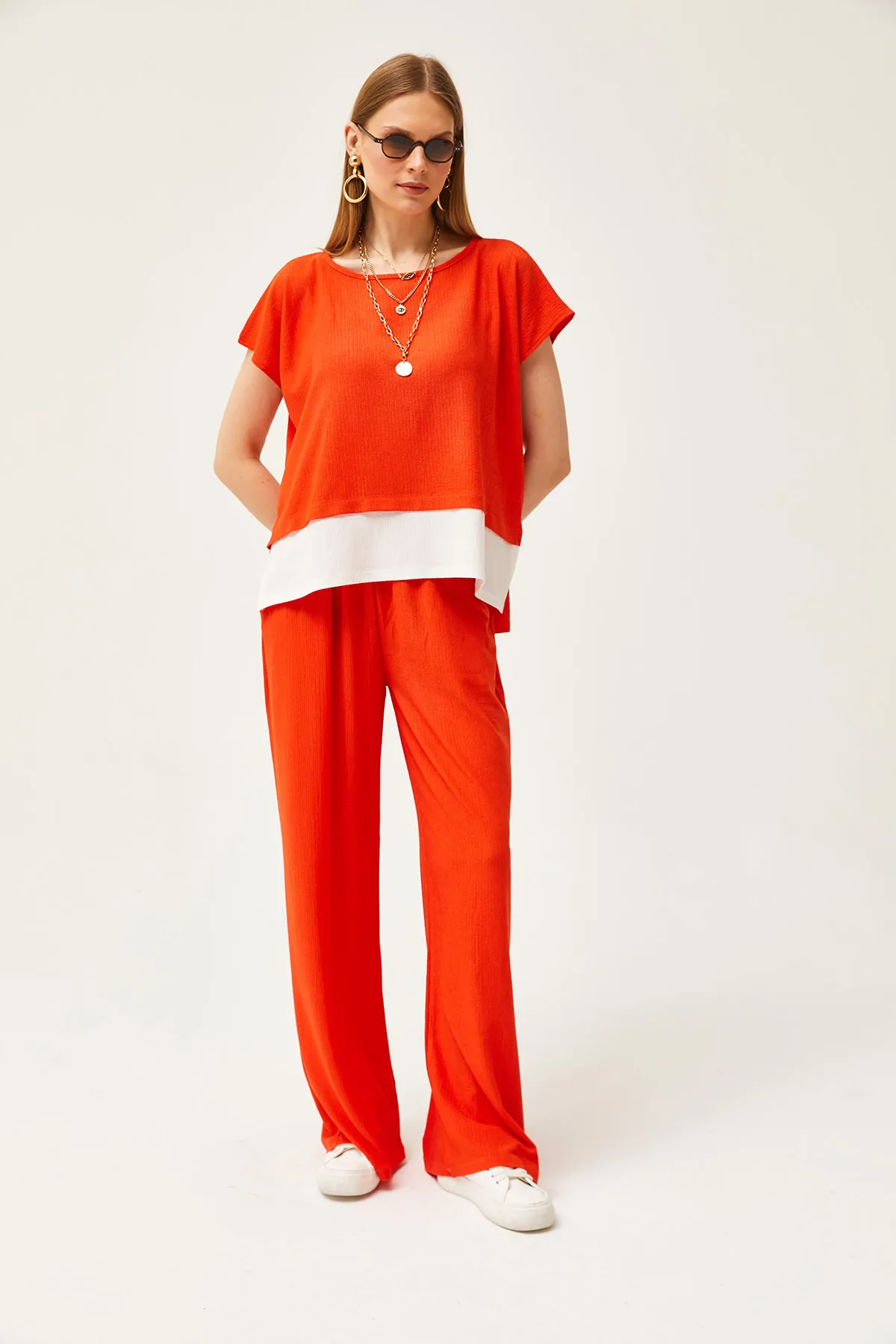 Olalook  Damen-Set mit Oberteil, Bluse und Hose in Orange TKM-19000273