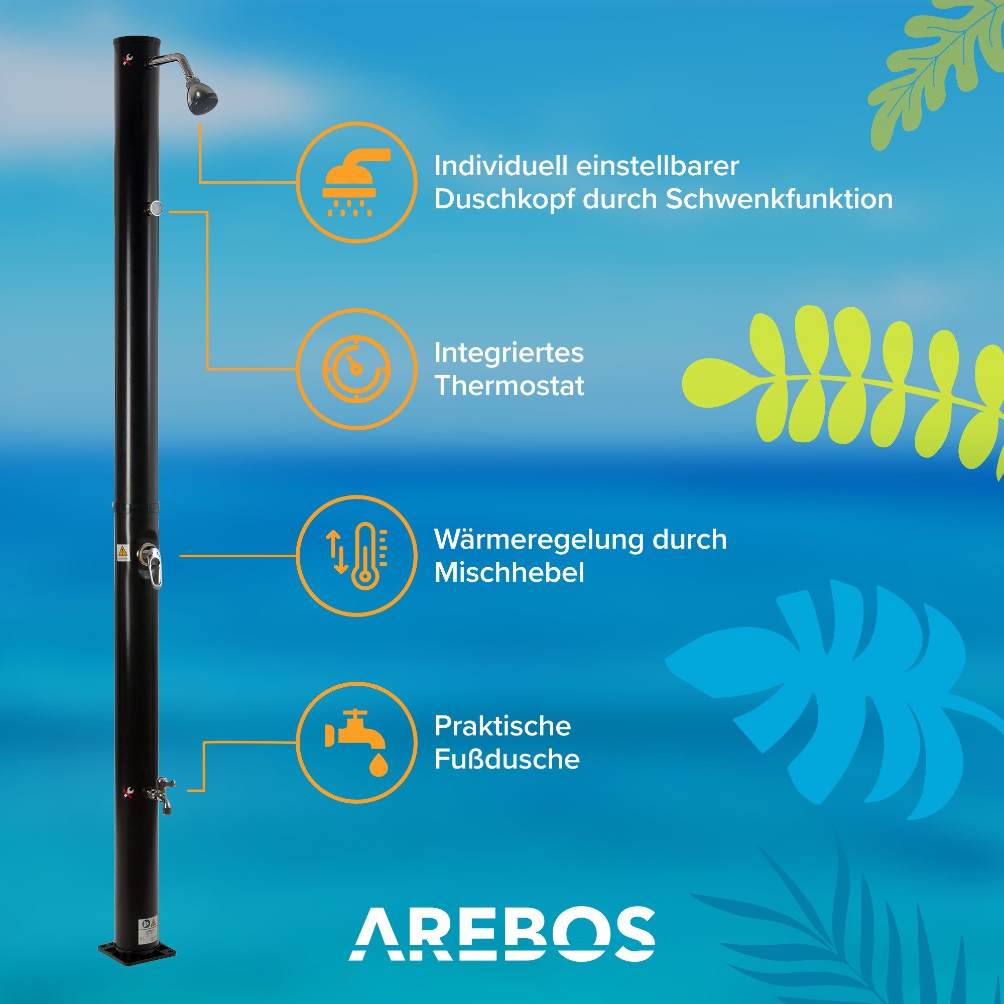 Arebos Solardusche 20 Liter, mit integriertem Thermometer & Fußdusche (Set), Inkl. Abdeckhaube