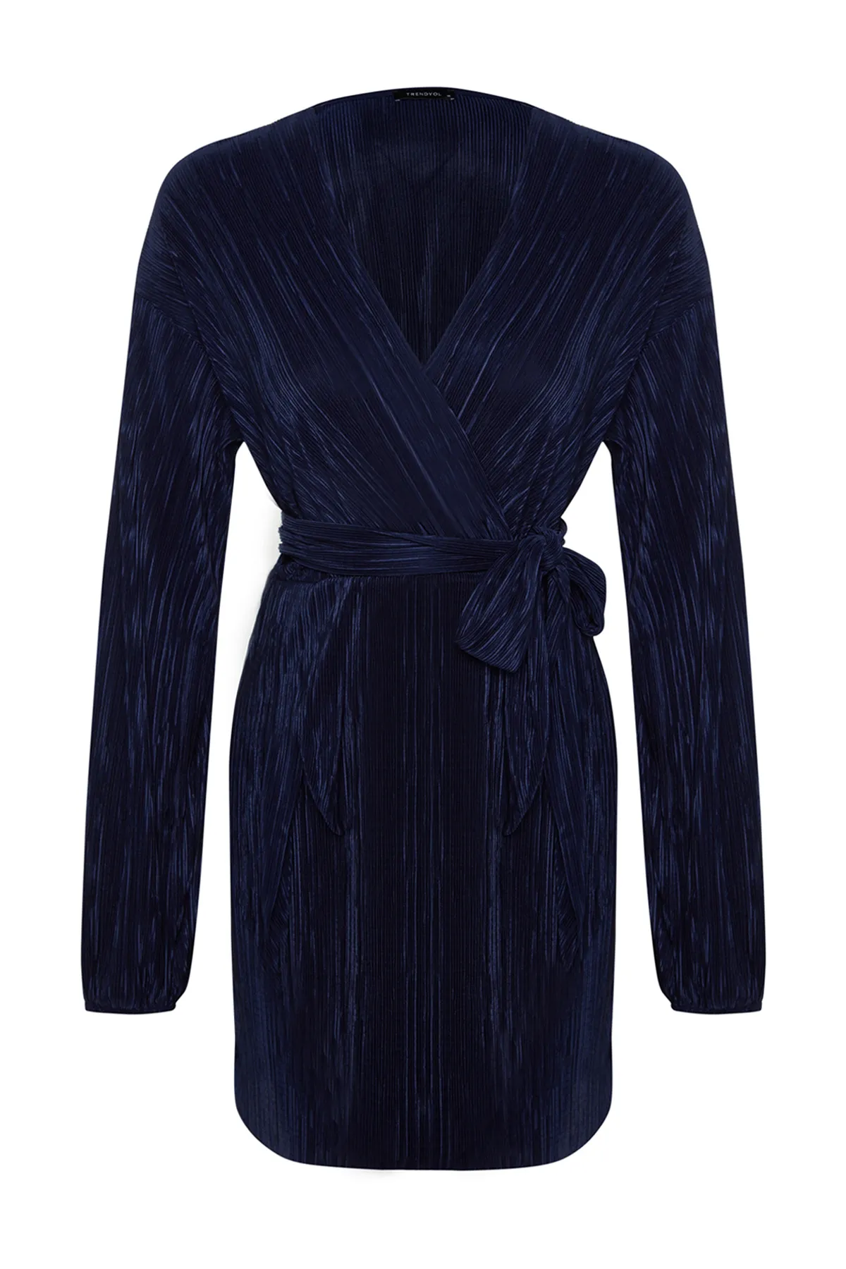 Trendyol Collection  Marineblaues elegantes Abendkleid mit Taillengürtel/Skater-Strick, gefüttert und plissiert TPRAW24EL00108