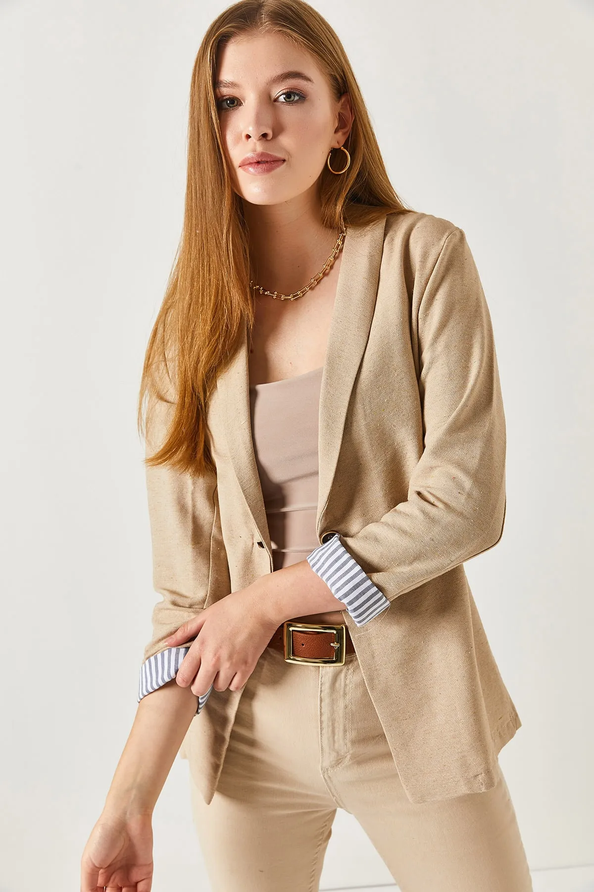 armonika  Gestreifte Damenjacke mit einem Knopf und Nerzärmeln ARM-22K001122