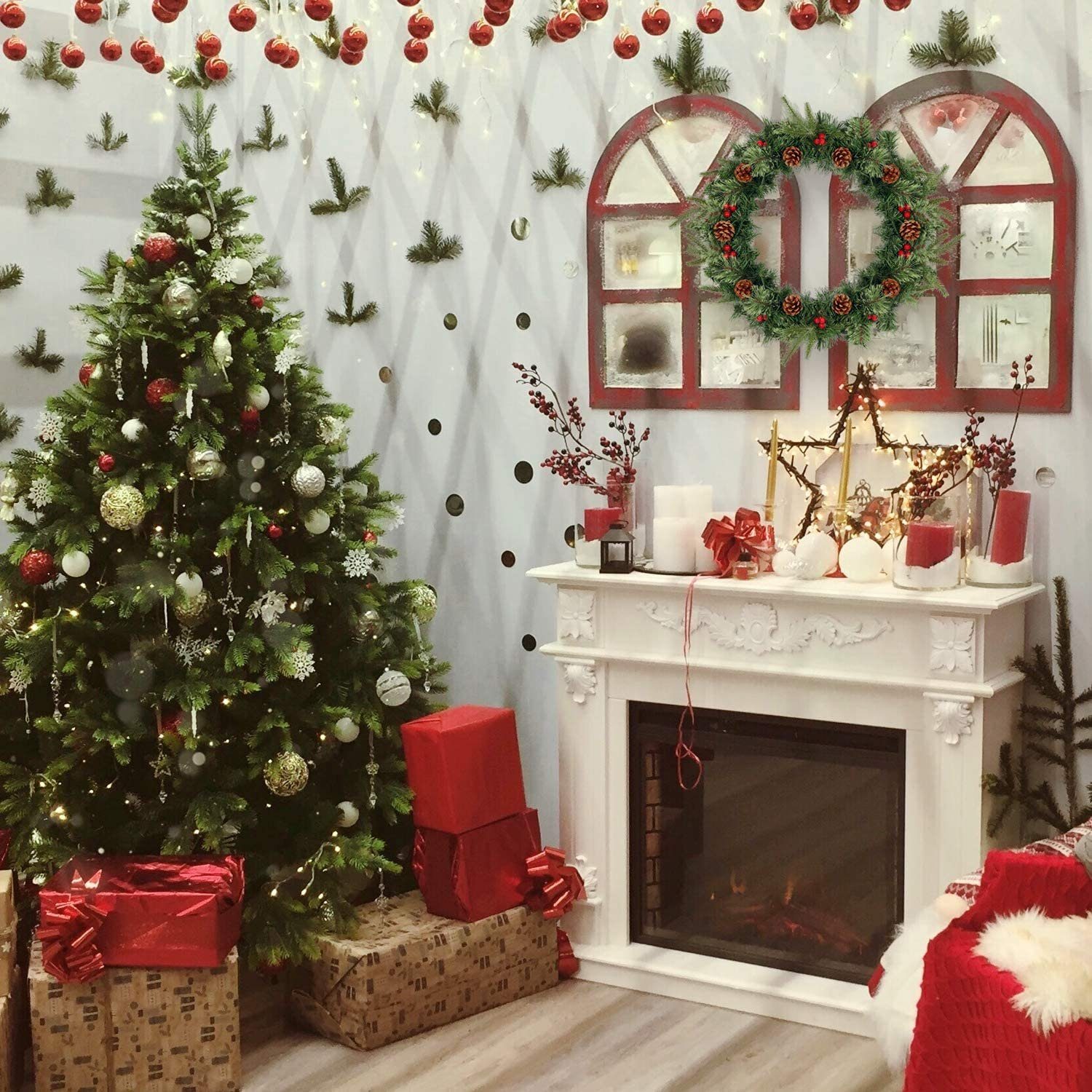 Salcar Adventskranz Ø60cm Kunstkranz Weihnachten Weihnachtskranz Dekokranz Türkranz Deko, Mit 140 Tannenspitzen, 10 Tannenzapfen und 30 Rote Beeren