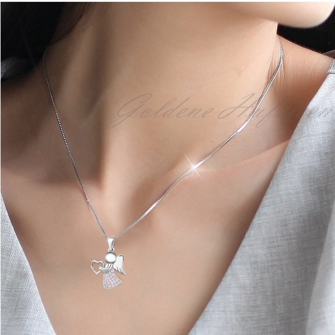 Goldene Hufeisen Engelanhänger Schutzengel Herz Zirkonia Anhänger mit Kette 925 Silber (Halskette Set, inkl. Geschenkbox), Kinderschmuck Engel Kette