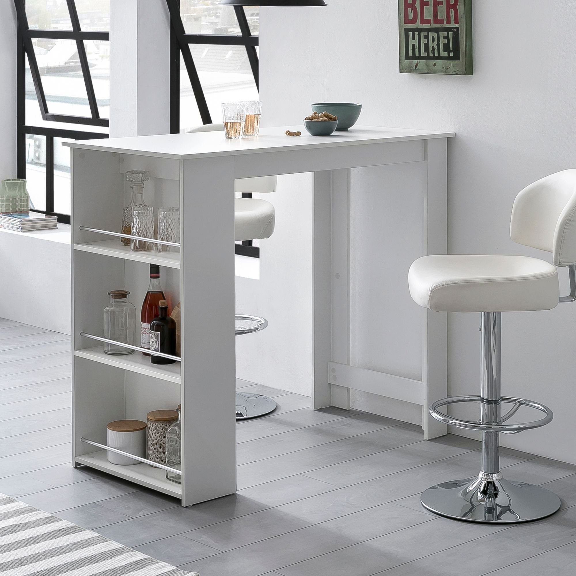 Wohnling Tresentisch WL5.732 (Weiß 120 x 107,5 x 60 cm, Stehtisch Spanplatte), Bartisch mit Regal, Küchenbartisch Rechteckig