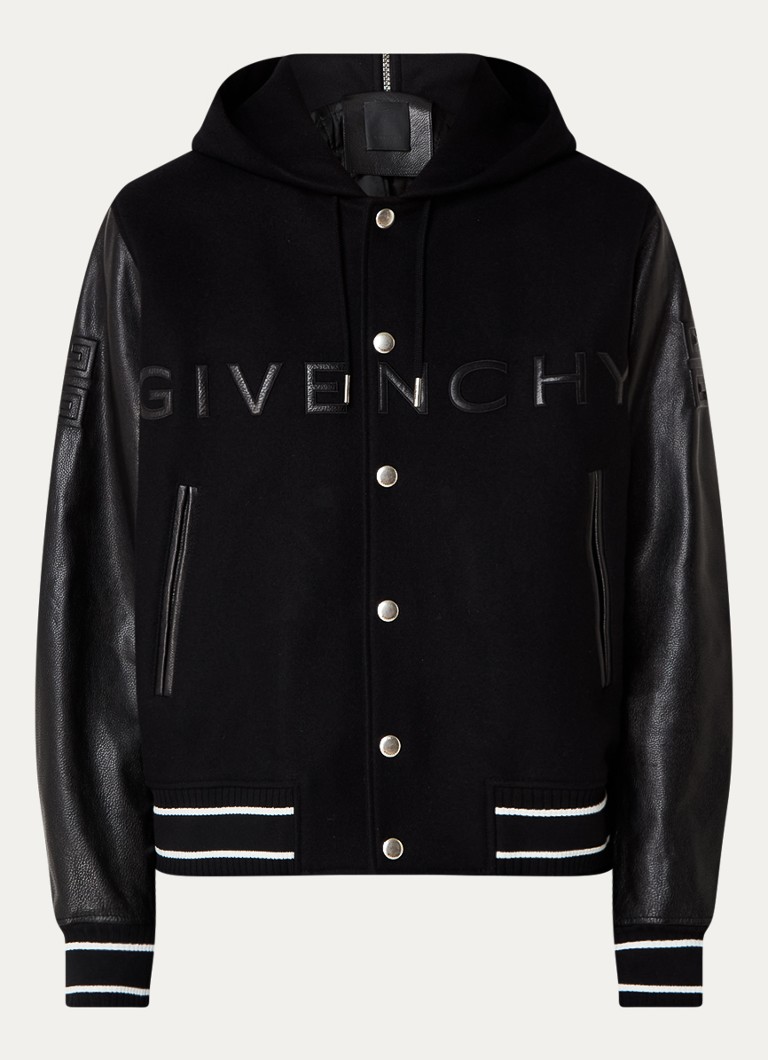 Τζάκετ μπέιζμπολ Givenchy από μείγμα μαλλιού shearling με λεπτομέρειες από δέρμα μοσχαριού και κουκούλα