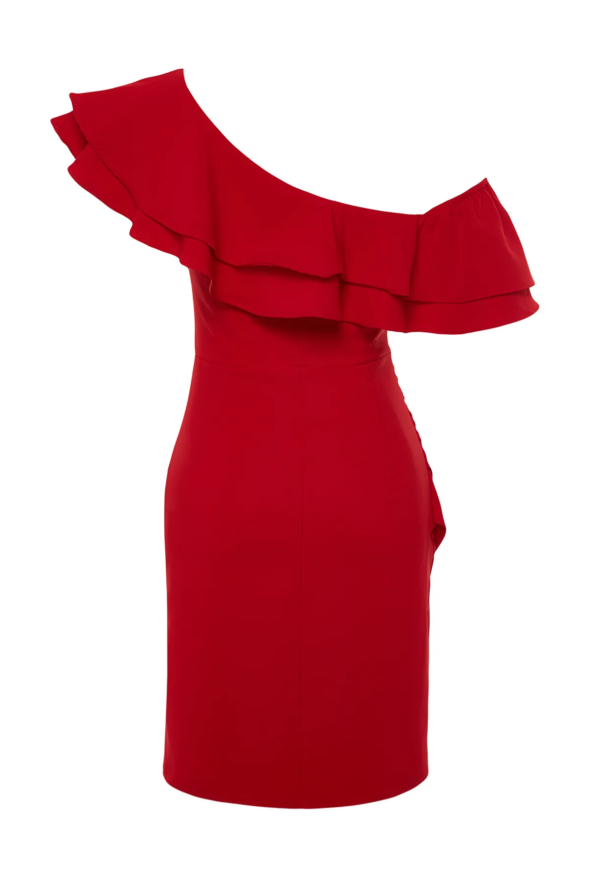 Trendyol Collection  Rotes, einärmliges, gerüschtes, elegantes Abendkleid TPRSS24EL00013
