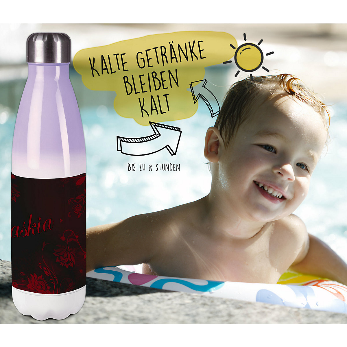 Edelstahl Kinder Thermoflasche / Trinkflasche bunt Blumenranke Farbe schwarz rot Spülmaschinenfest, Auslaufsicher, Bruchfest, Doppelwandig, Für Heißgetränke geeignet, Mit Deckel, Isoliert