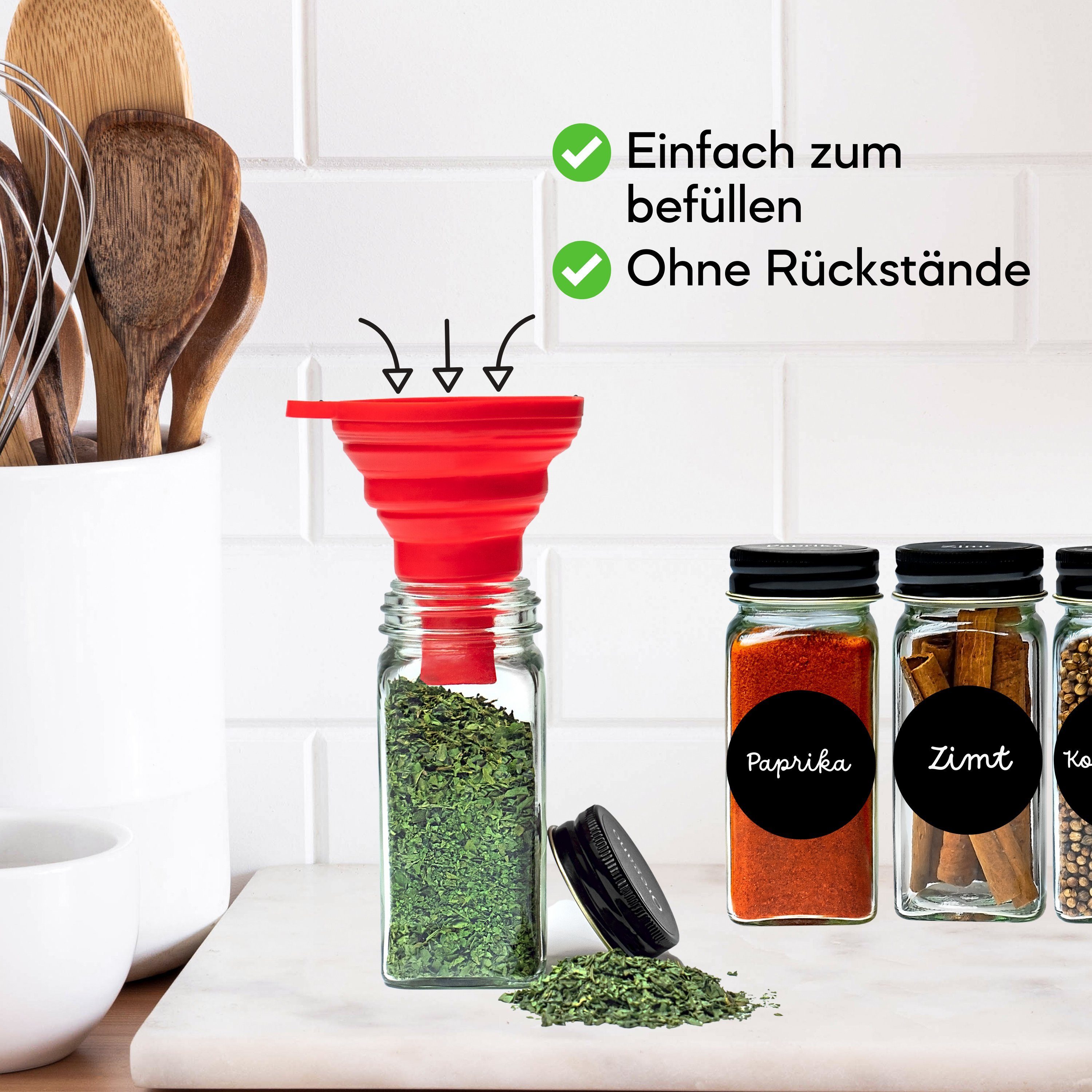 Coradoma Gewürzbehälter Gewürzgläser Set Eckig inkl. Etiketten - Glasbehälter Vorratsdosen, Glas, (24-tlg), mit Reinigungsbürste, Trichter zum Befüllen, Gewürzetiketten