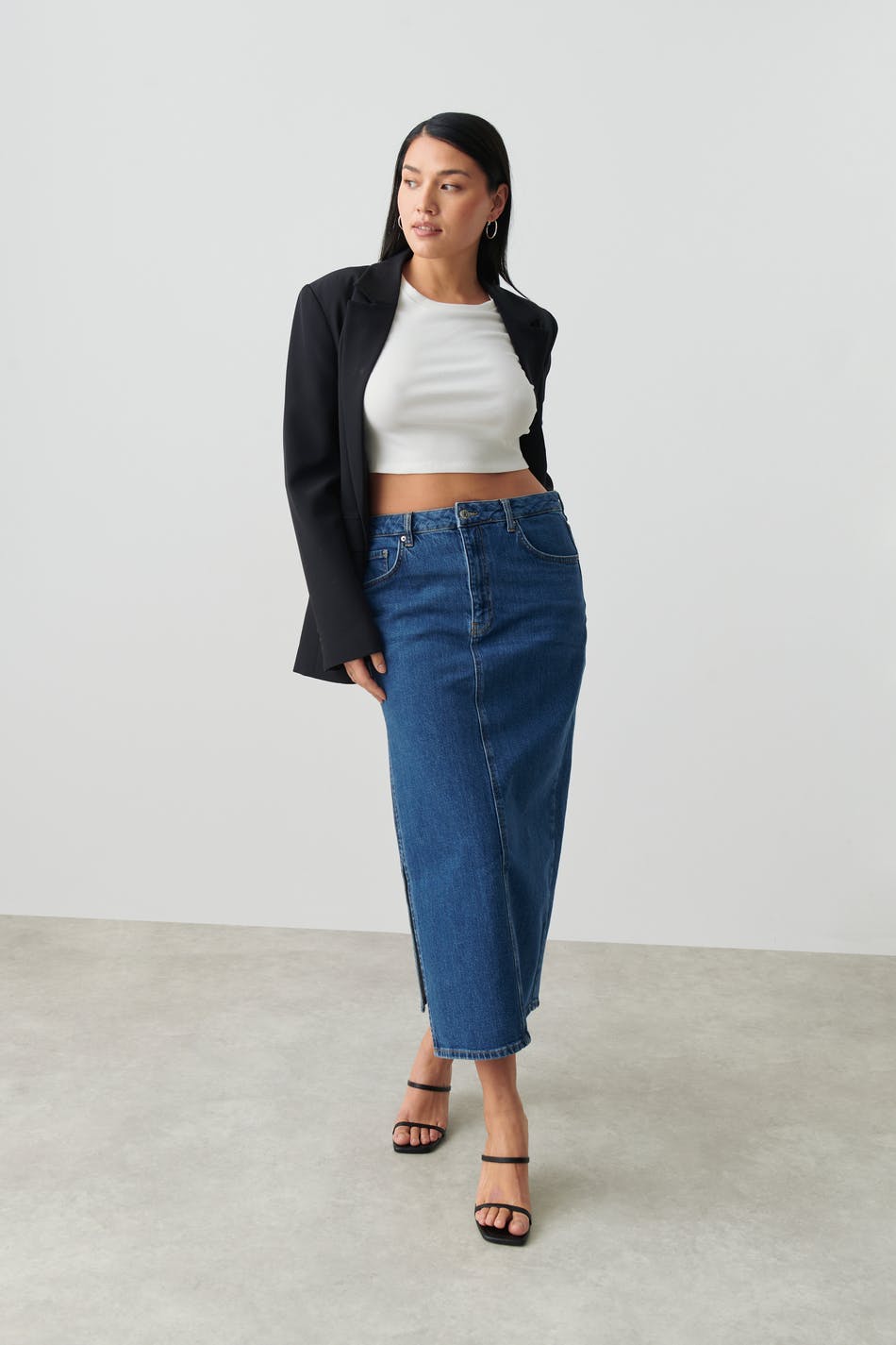 Long slit denim skirt