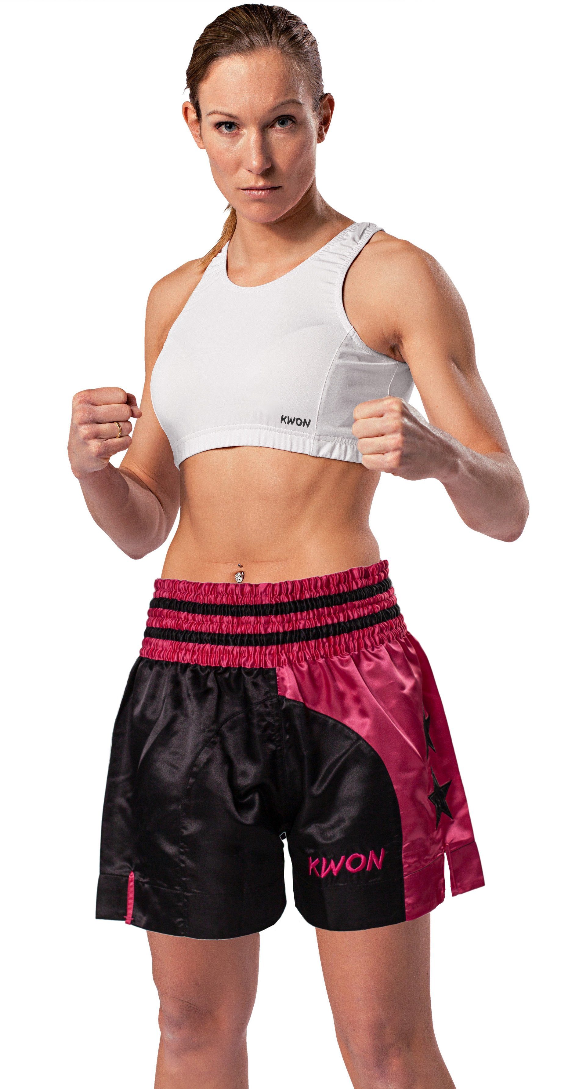 KWON Sporthose Thaiboxhose Damen Girl Muay Thai Shorts Kickboxen kurz magenta pink (Stück) Edler Look, traditioneller Schnitt, Sterne, kräftige Farben