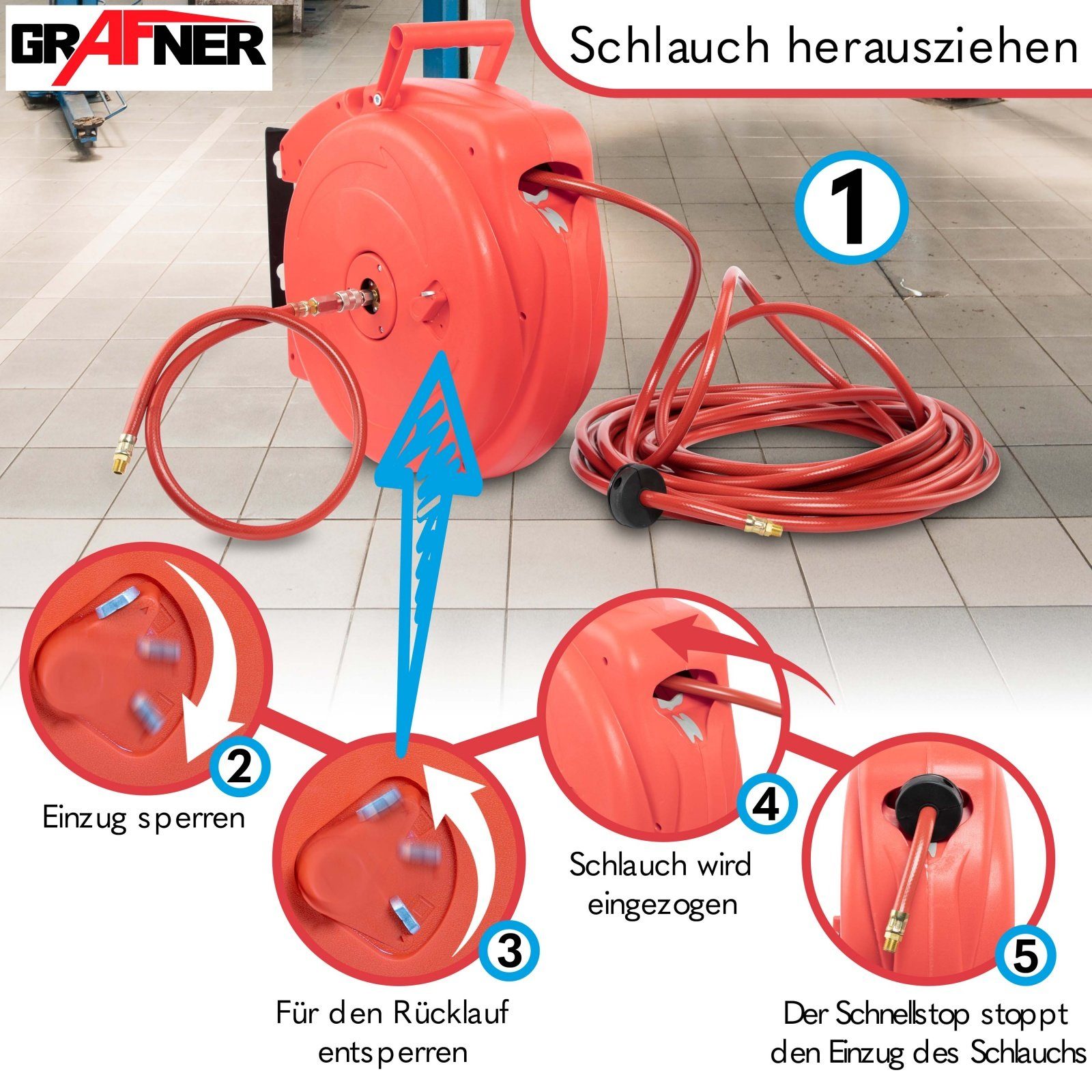 Grafner Schlauchtrommel Automatik Schlauchtrommel 20m Druckluft Schlauch Aufroller AS10932, (Set, Komplett), 1/4 Schnellkupplung, 20m Schlauch